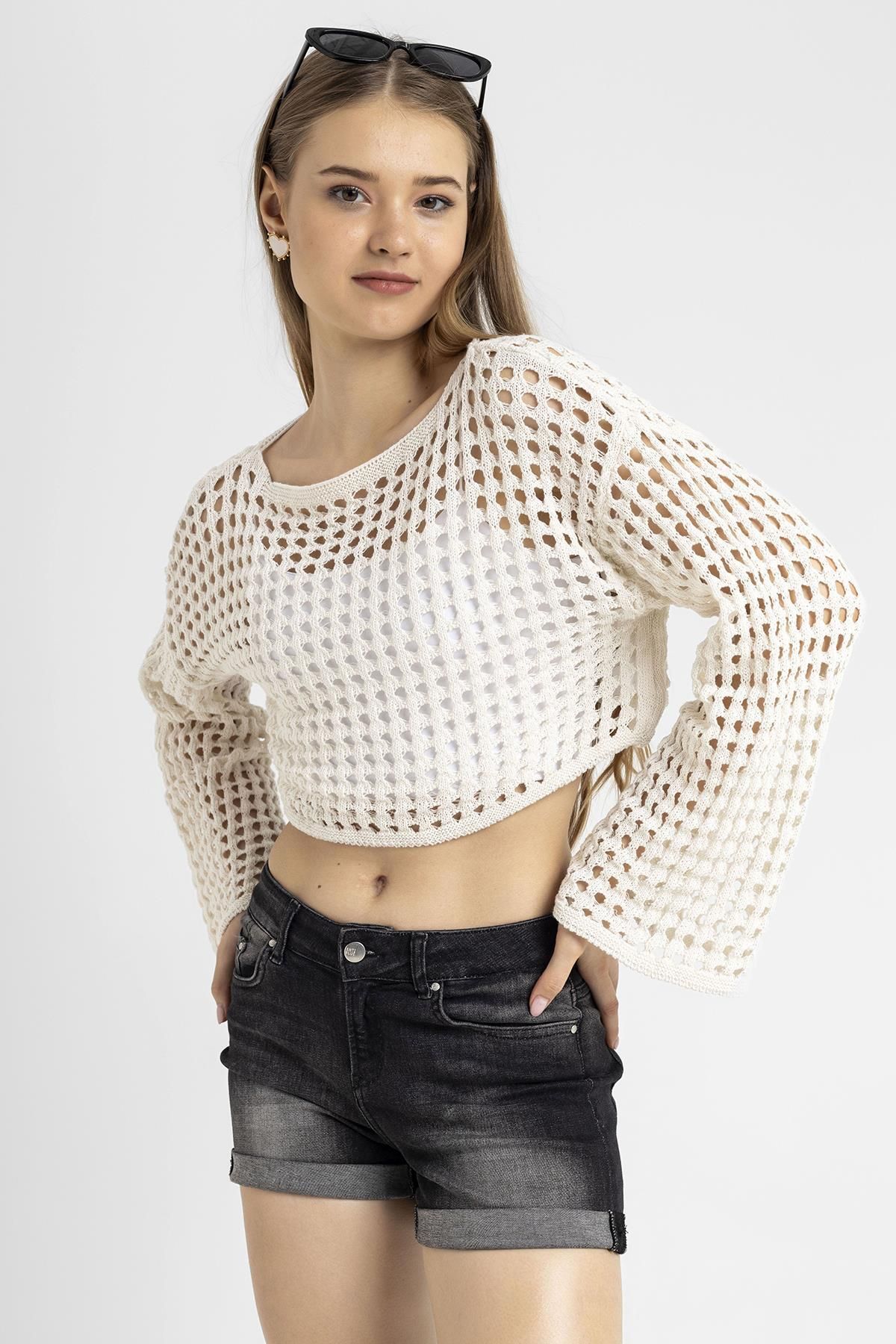ŞİMAL-Women's Loose Mesh Short Sweater 250267   - 2