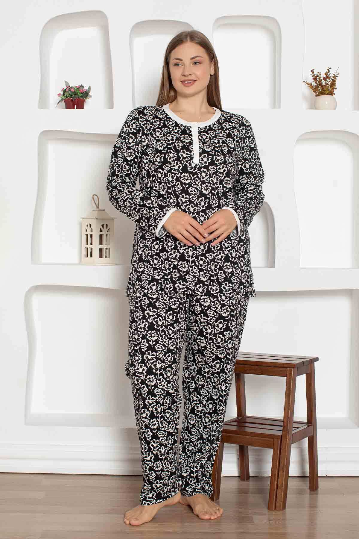 bie's Set De Pijamale De Vară Subțire Cu Mânecă Lungă, 100% Bumbac, Pieptănat, Cu 3 Nasturi, Cu Model De Flori Negre Femeie - 3XL