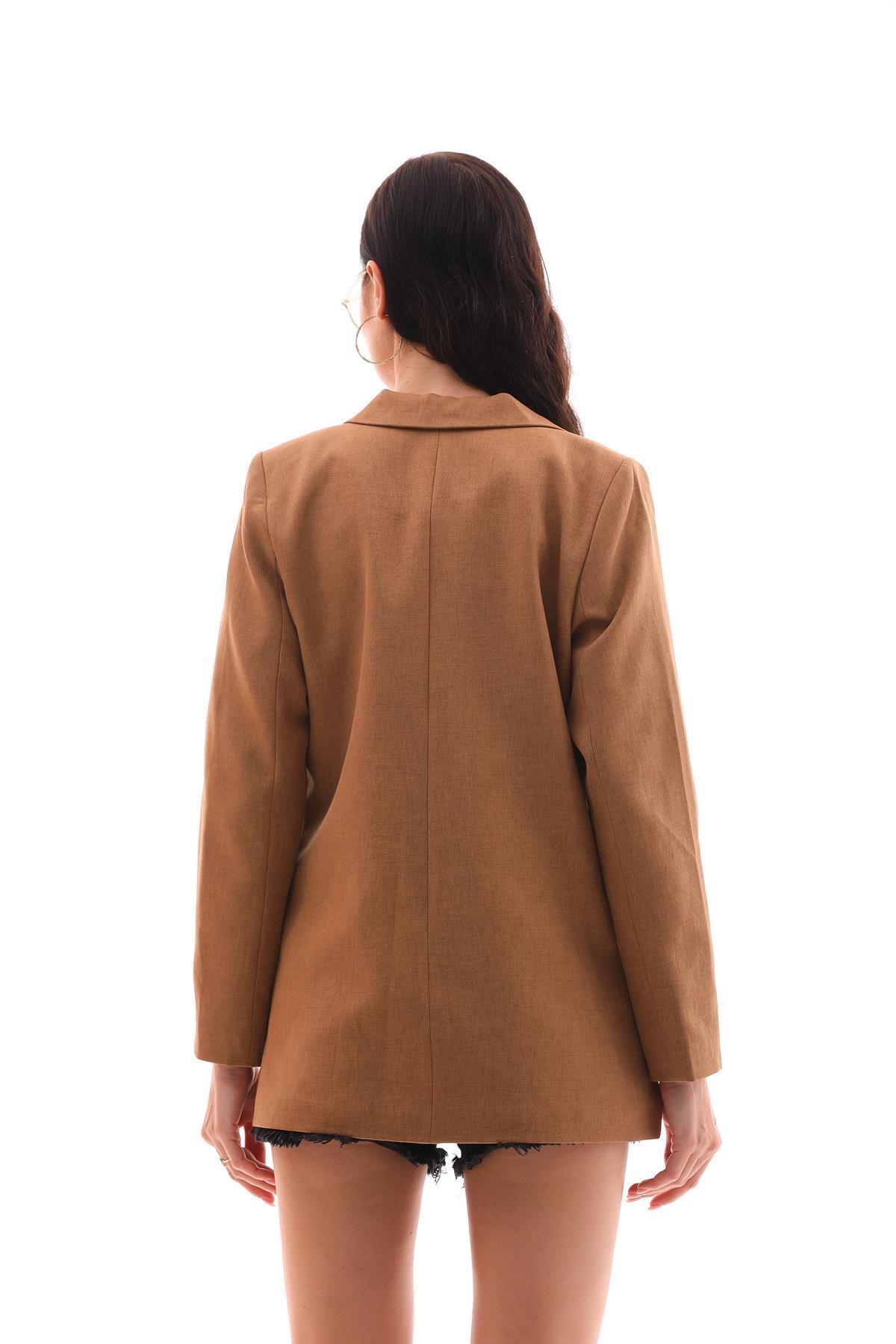 ŞİMAL-Women's Single Button Closure Linen Jacket 250199   - 5