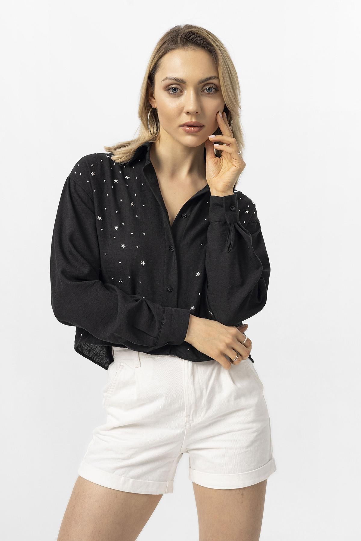 ŞİMAL-Cămașă scurtă casual Yıldız Stone brodata pentru femei 250228   - 3