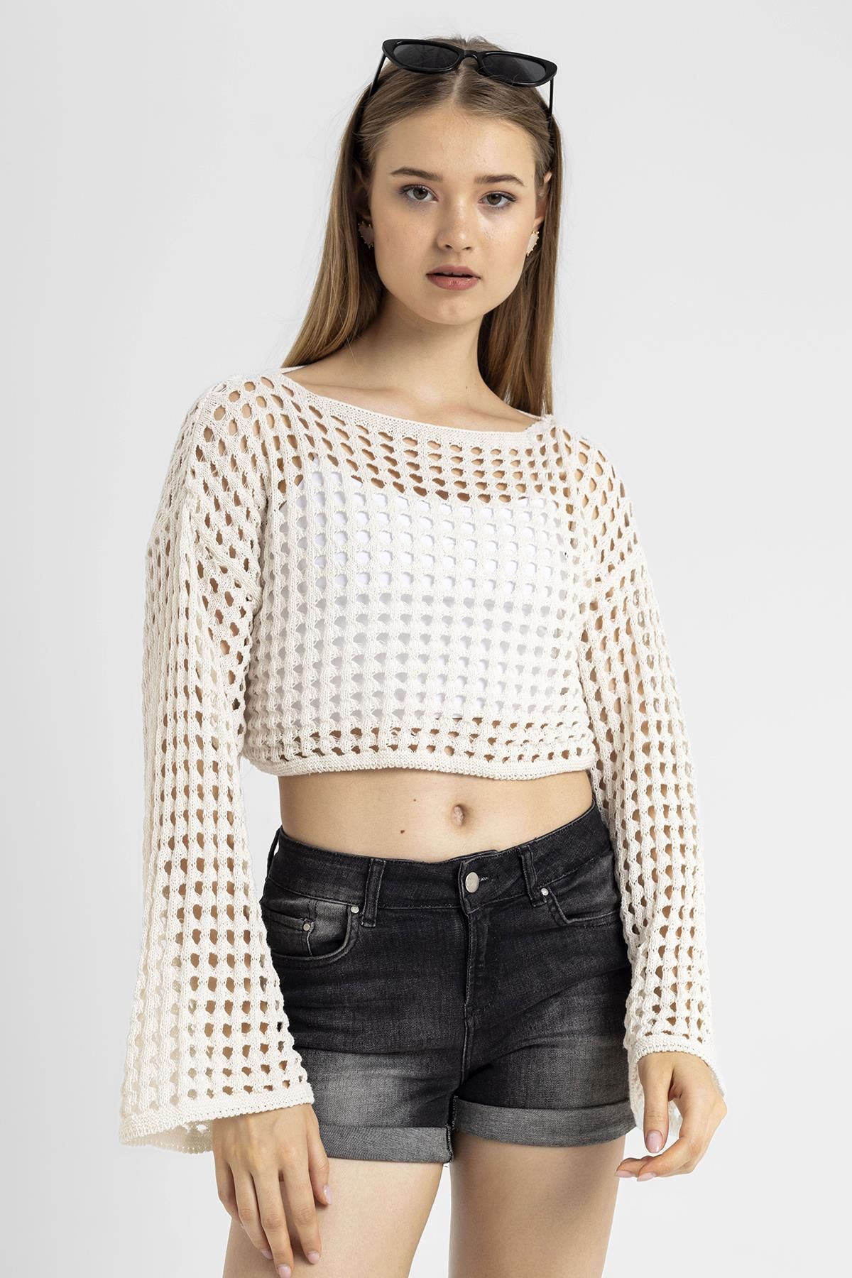 ŞİMAL-Women's Loose Mesh Short Sweater 250267   - 4