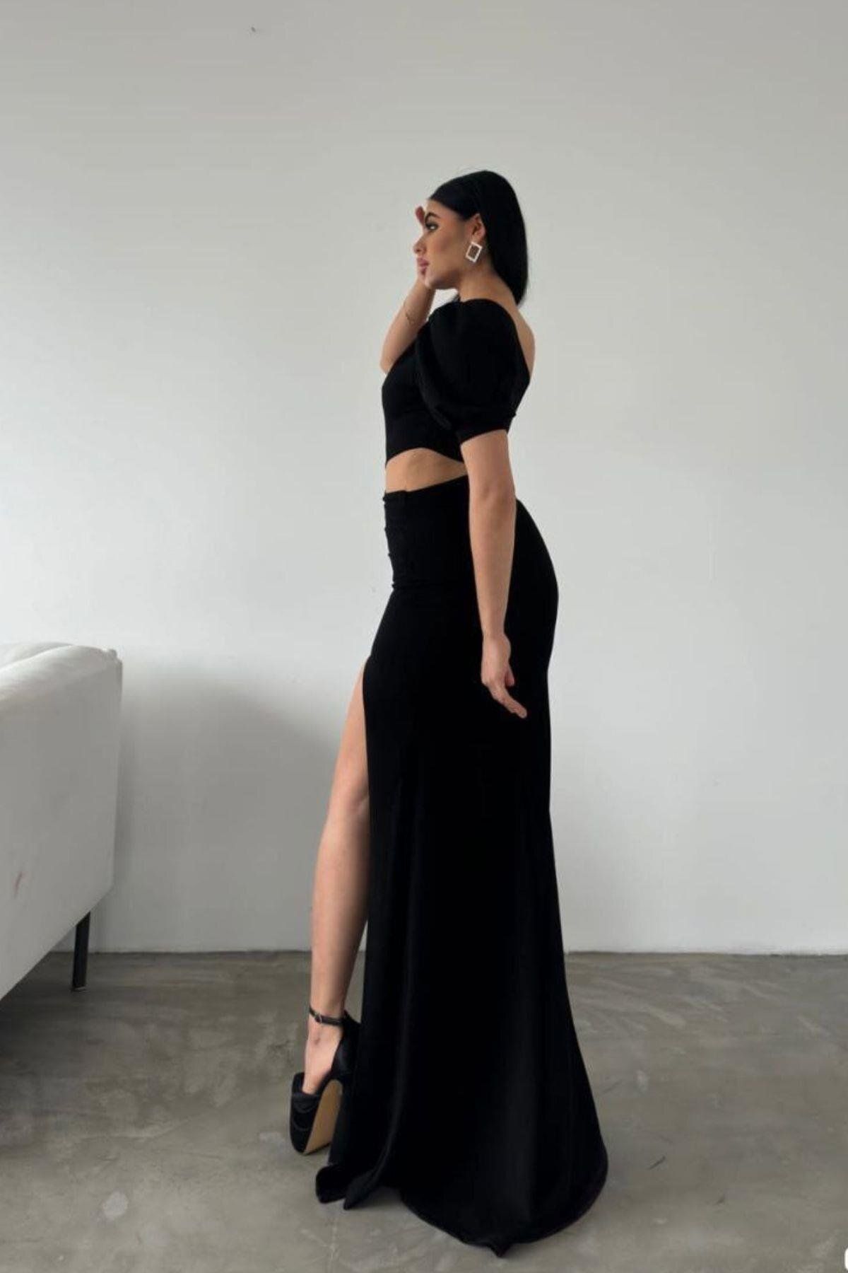 Mossta-One Shoulder Low-Cut Long Evening Dress Black 4