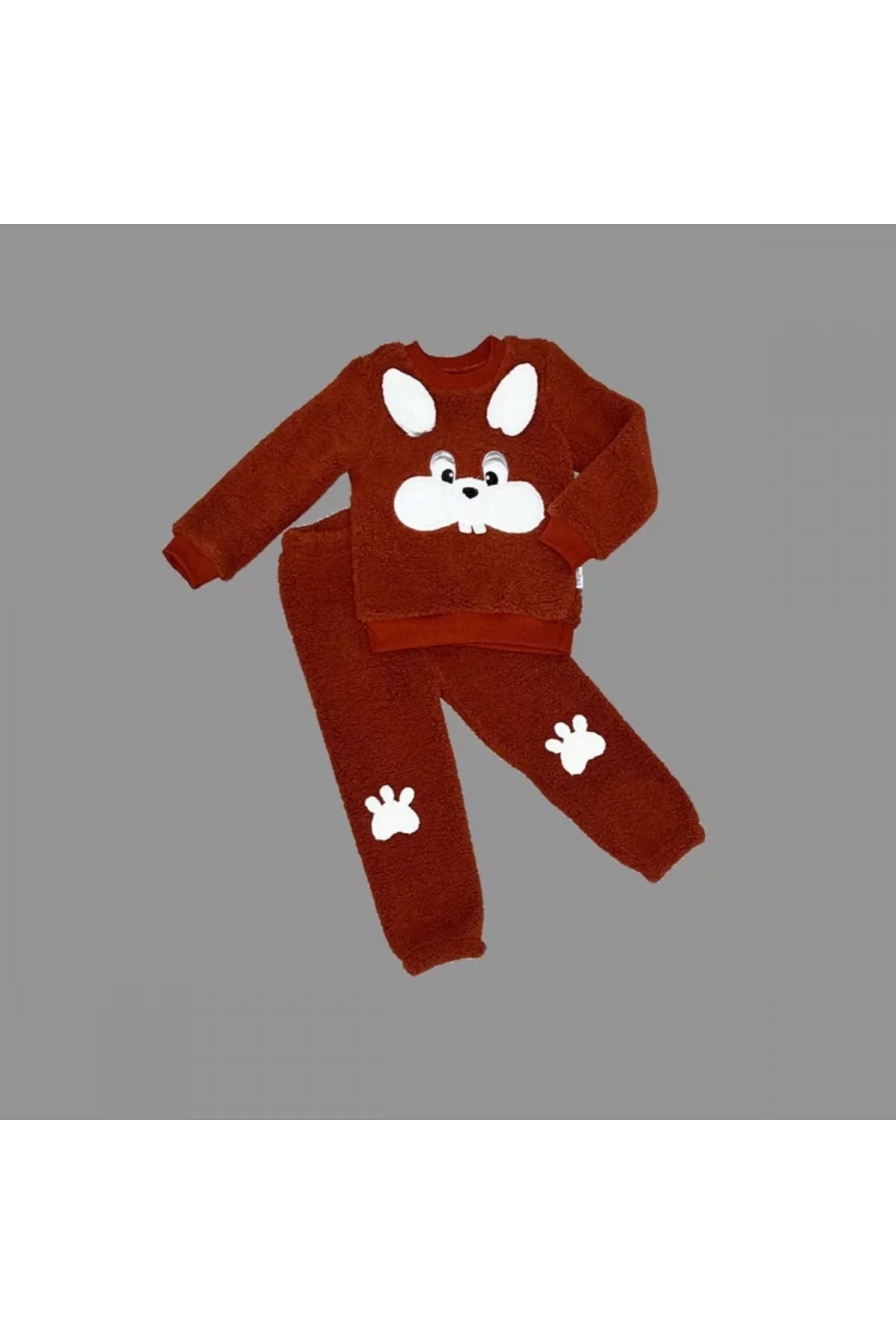 dalinda 1-2-3 Yaş Kulaklı Tavşan Figürlü Kuzu Kumaş Sweat Pantolon Uzun Kollu Kız Erkek 2 Li Takımı