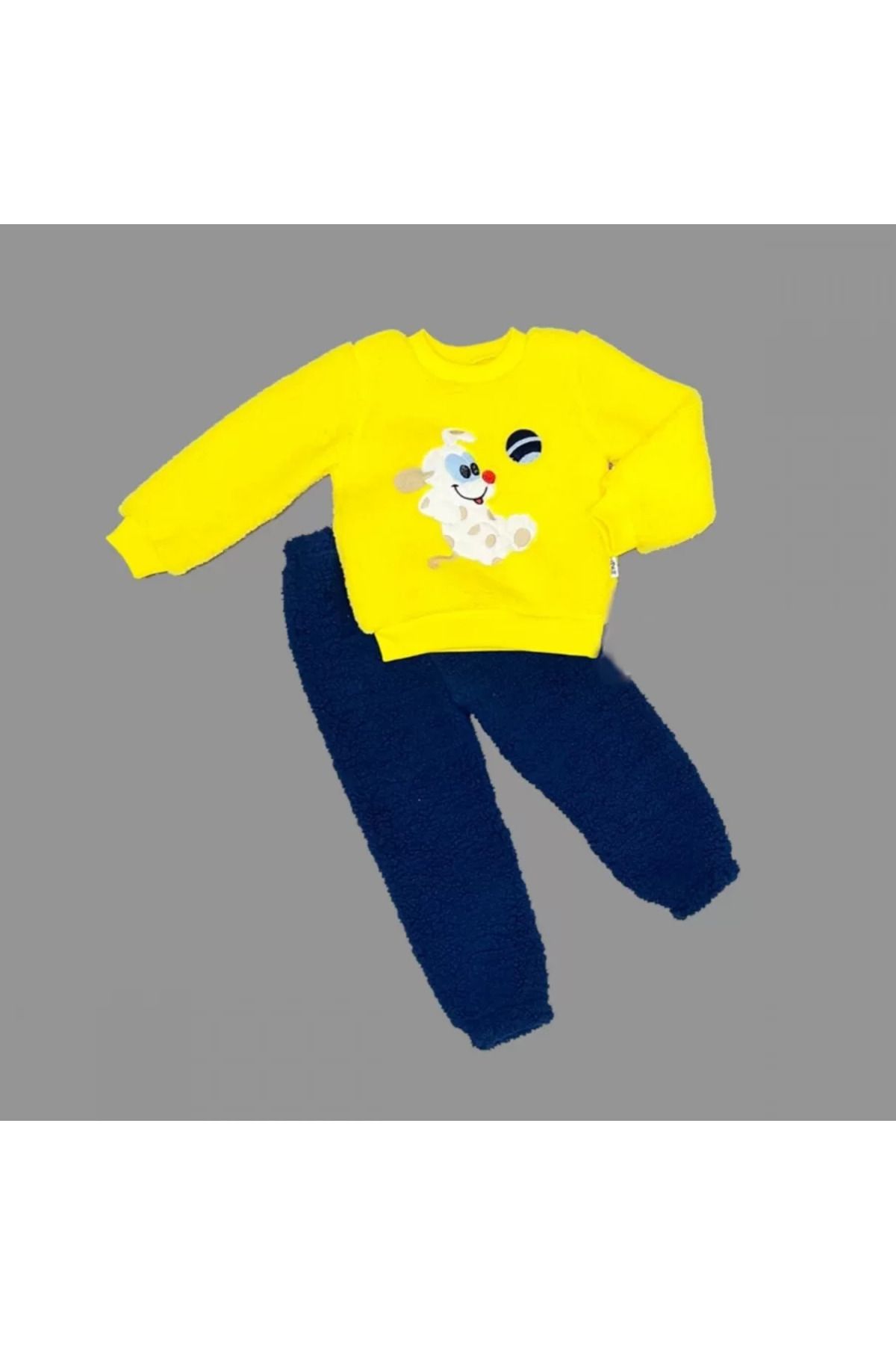 dalinda 1-2-3 Yaş Toplu Köpek Nakışlı Kuzu Kumaş Sweat Pantolonlu Uzun Kollu Kız Erkek Bebek Takımı