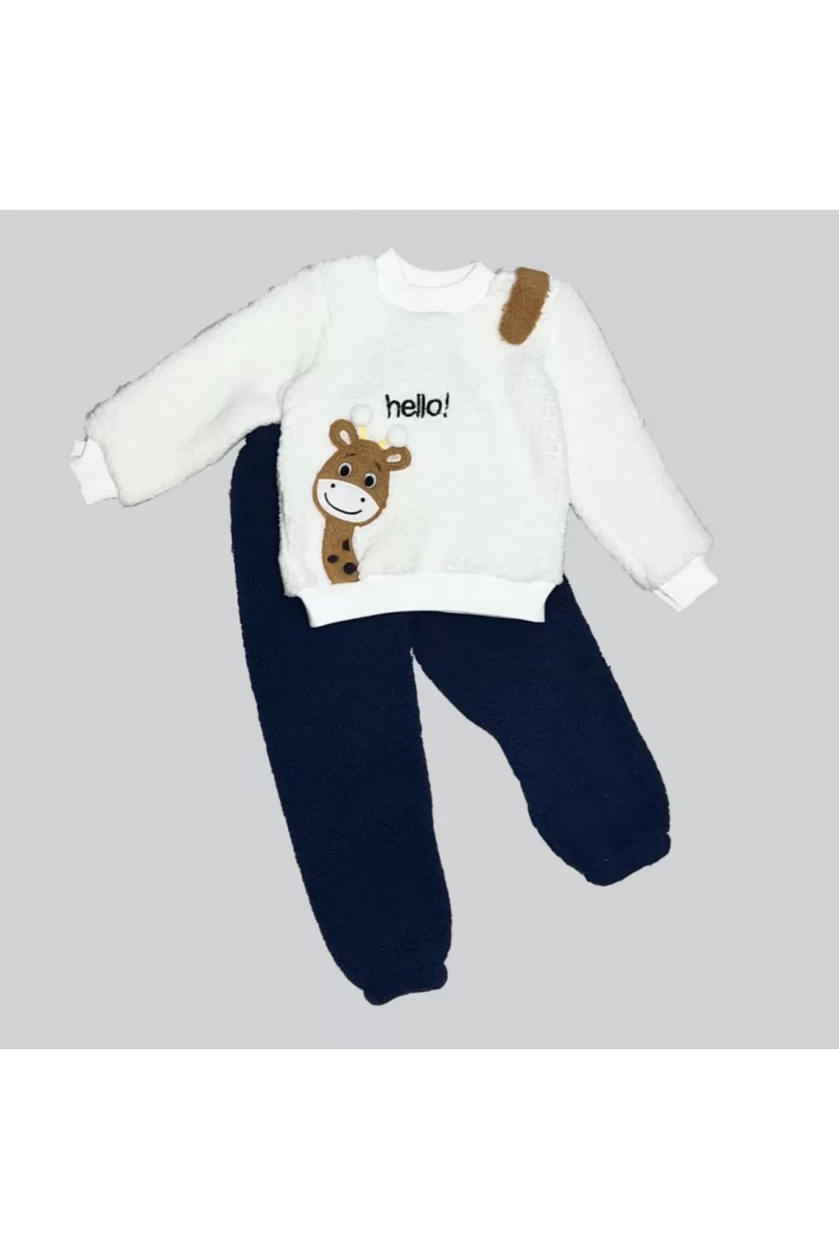 dalinda 1-2-3 Yaş Hello Zürafa Nakışlı Kuzu Kumaş Sweat Pantolon Uzun Kollu Kız Erkek 2 Li Takımı