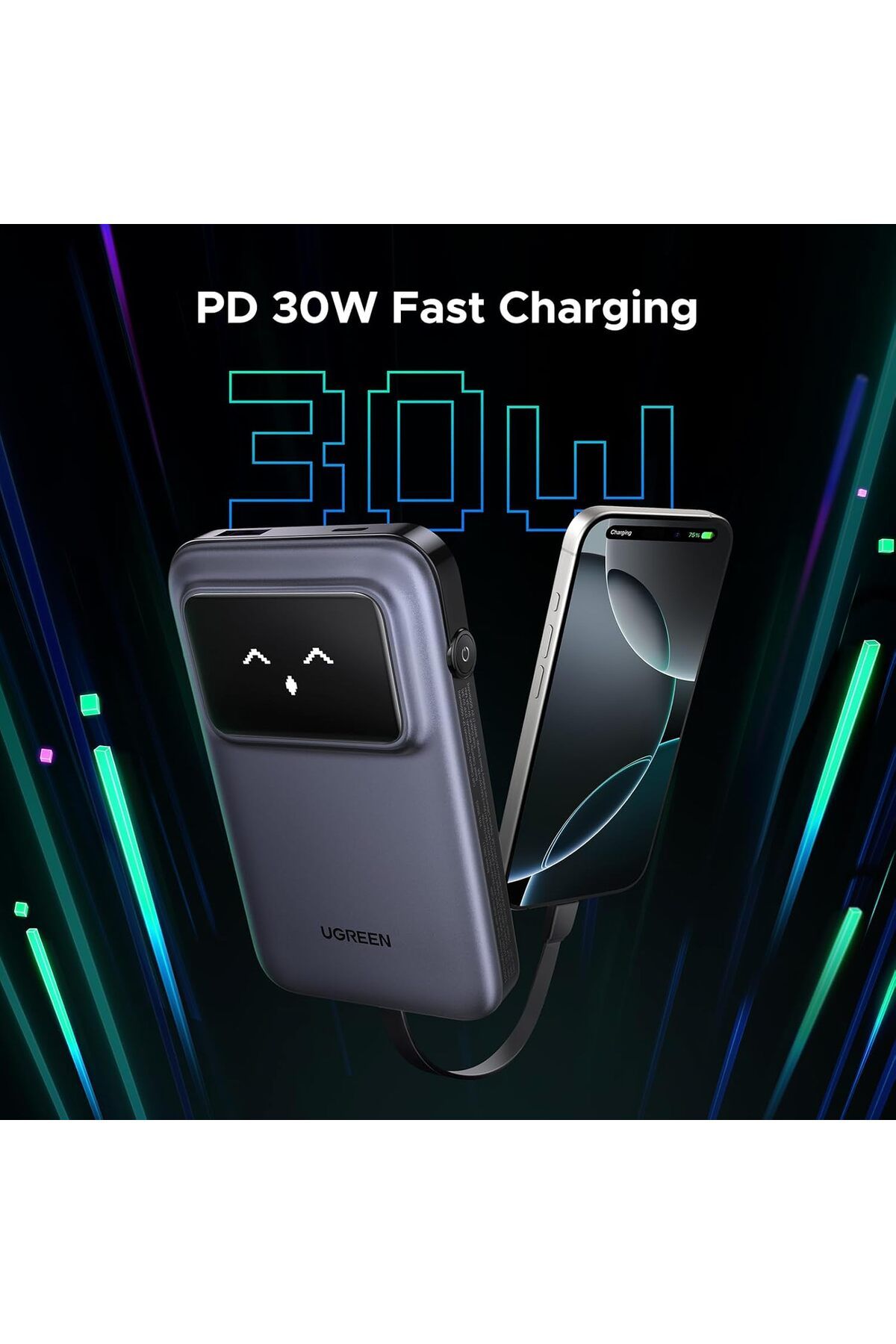 Ugreen-Uno Power Bank with Built-in USB-C Cable, 10000mAh, PD 30W, 3-Way Output with
TFT Display 2