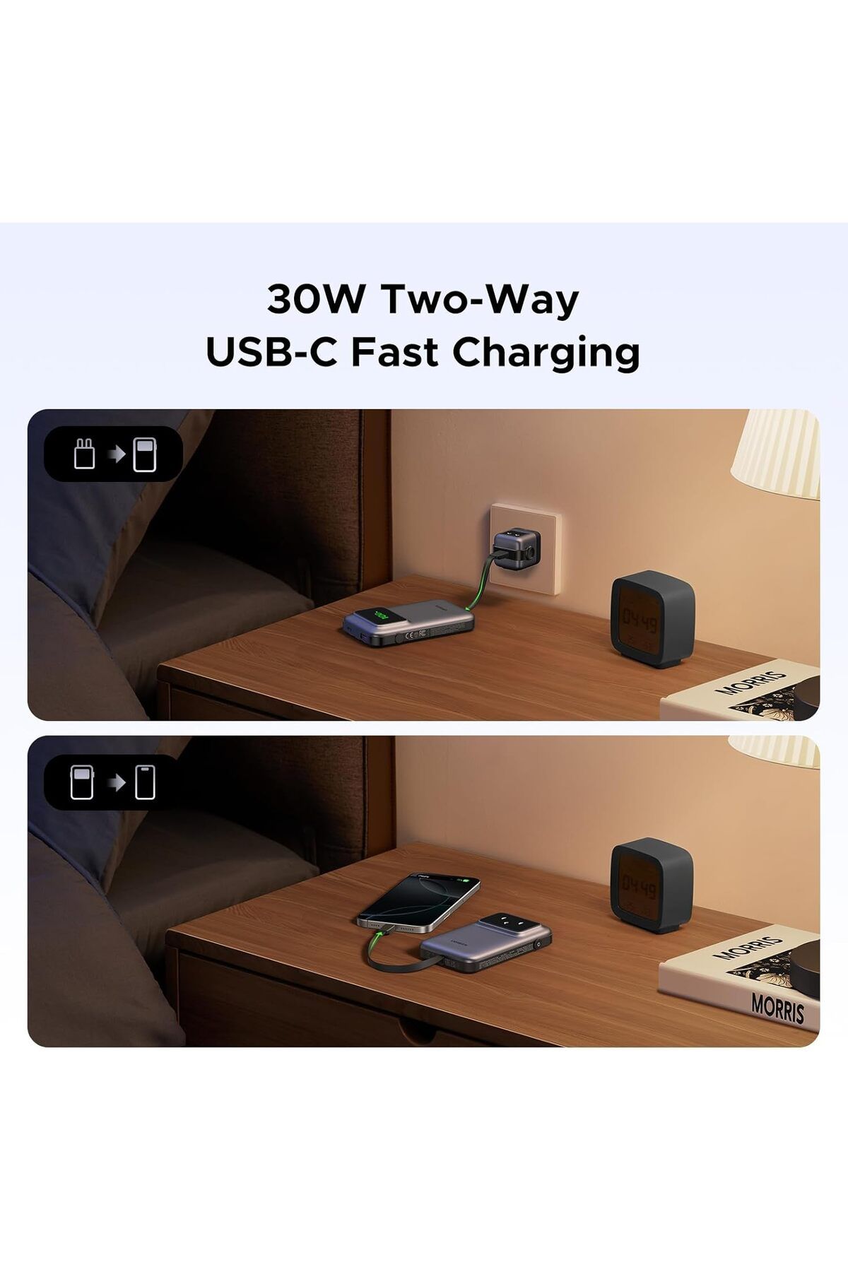 Ugreen-Uno Power Bank with Built-in USB-C Cable, 10000mAh, PD 30W, 3-Way Output with
TFT Display 4