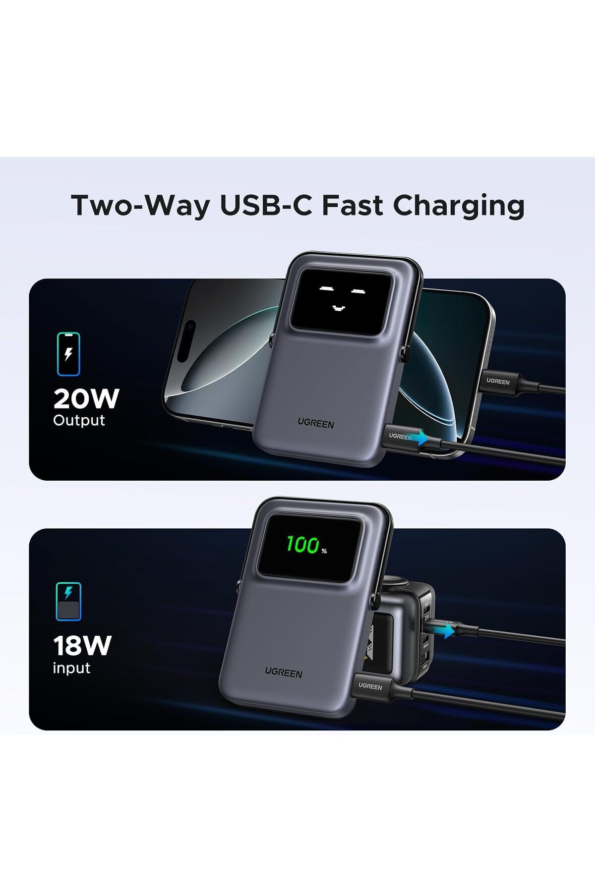 Ugreen-Uno Magnetic Power Bank, 5000mAh, 20W Fast Charging with Foldable Stand and TFT Display 2