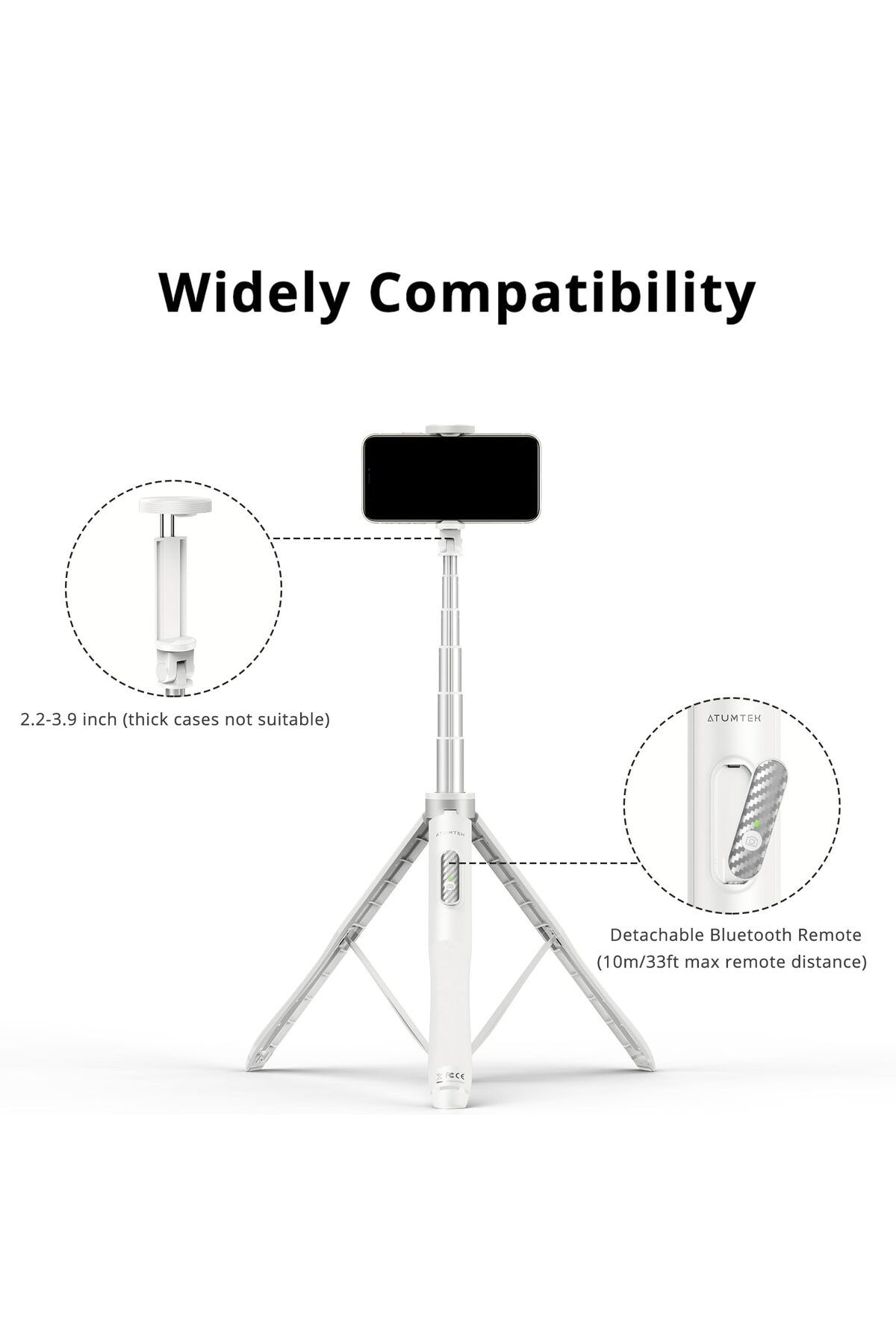 ATUMTEK-51 Selfie Stick Tripod, Extendable with Bluetooth Remote, 360° Rotation for iPhone & Android, White 6