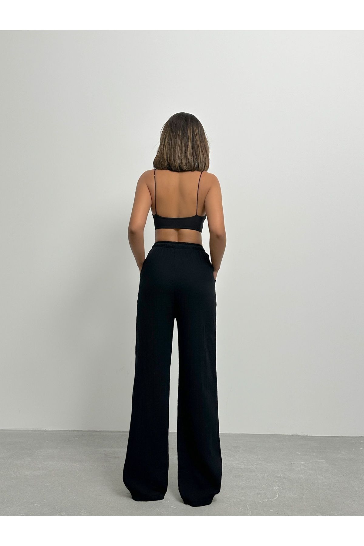 BEJNA-Schwarze Palazzo-Hose aus Musselin für Damen 5