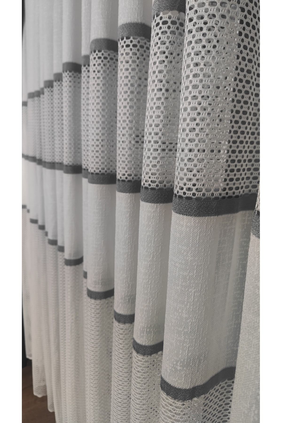 Yuka-Ecru Steel Knitted Tulle Curtain with Gray Stripe 1/3 Tight Pleat Does Not Wrinkle Ironing Suitable for Every Room 5