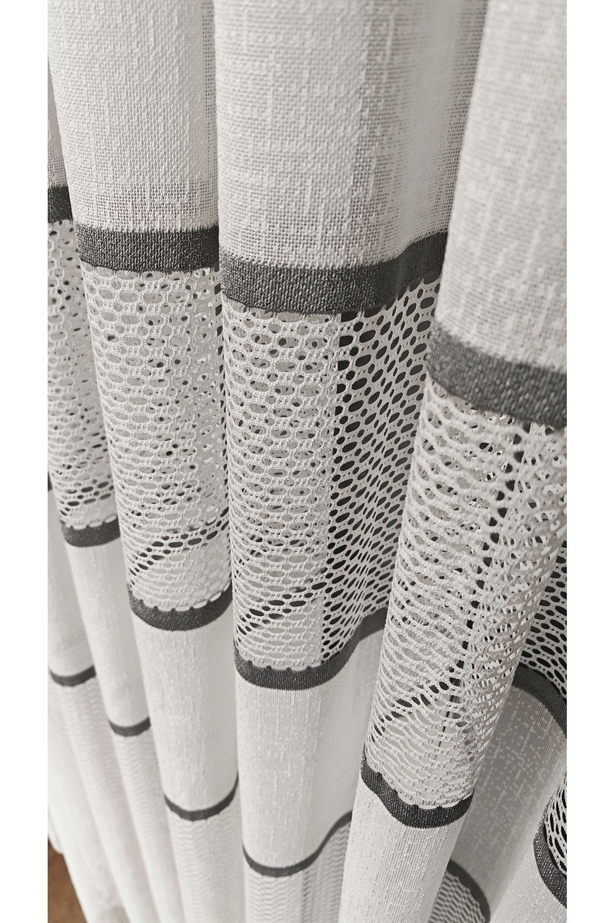 Yuka-Ecru Steel Knitted Tulle Curtain with Gray Stripe 1/3 Tight Pleat Does Not Wrinkle Ironing Suitable for Every Room 3