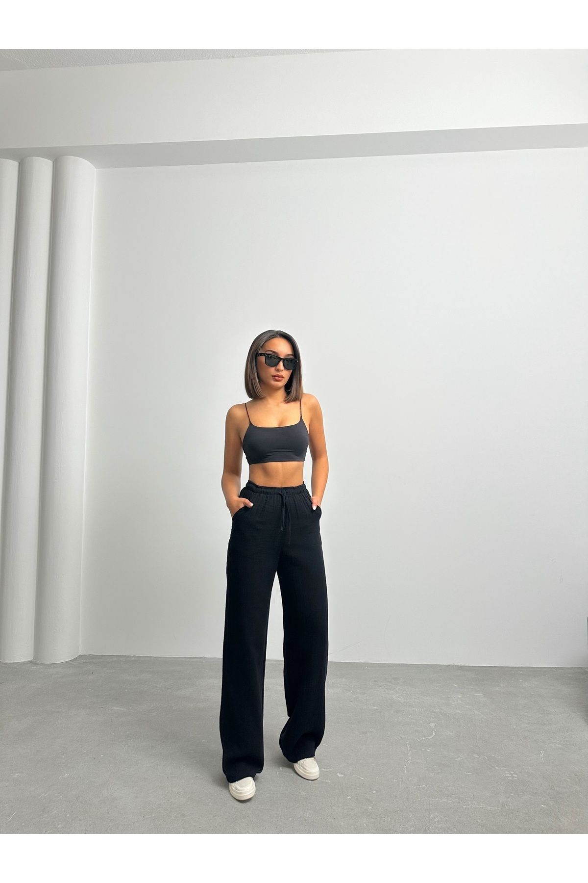 BEJNA-Schwarze Palazzo-Hose aus Musselin für Damen 3