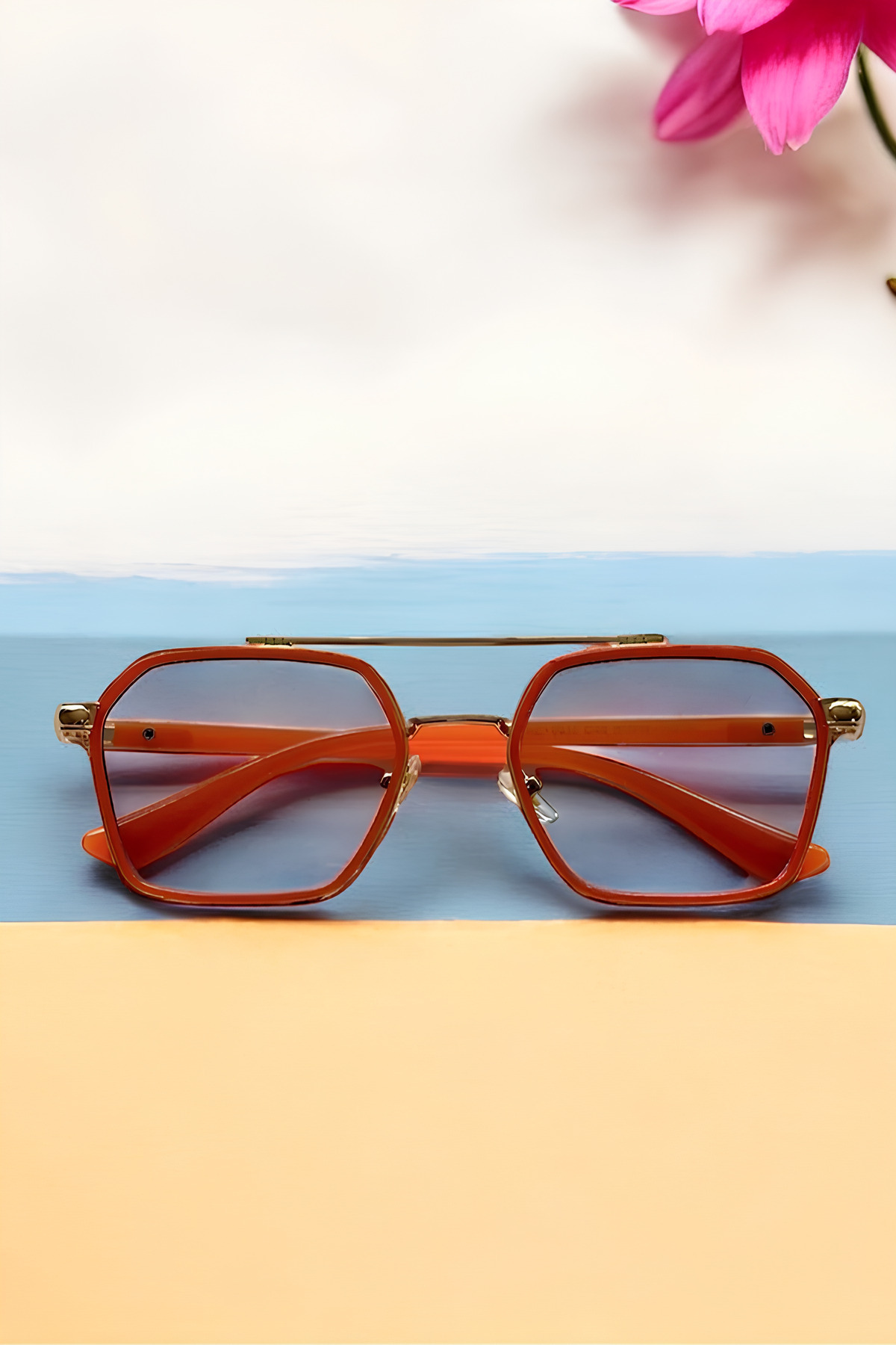 Eyesofia Bild Unisex Vintage Mavi Cam Turuncu Çerçeve Güneş Gözlüğü görsel 4