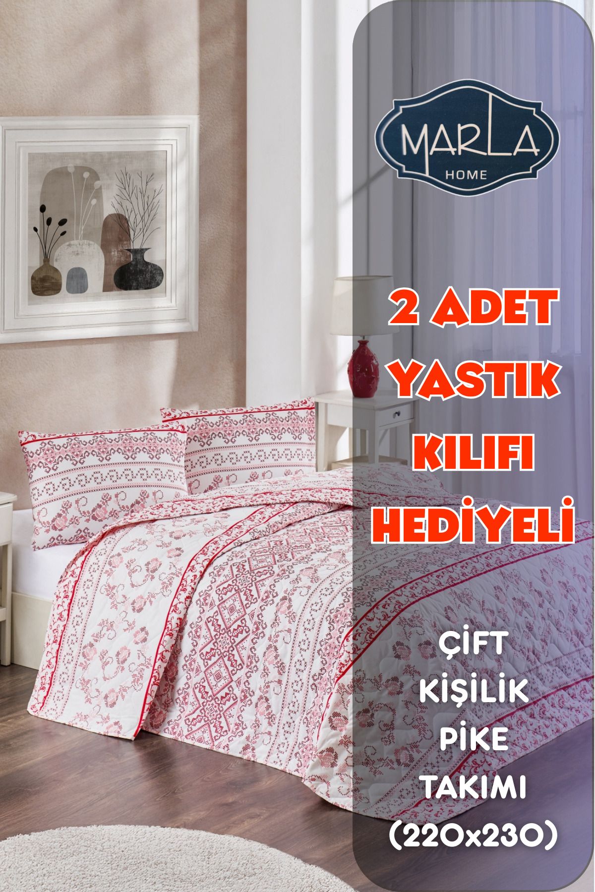 MARLA HOME Çift Kişilik Pike Yatak Örtüsü Takımı|220x230 Cm|2 Adet Yastık Kılıflı |çok Amaçlı Battaniye|pamuklu