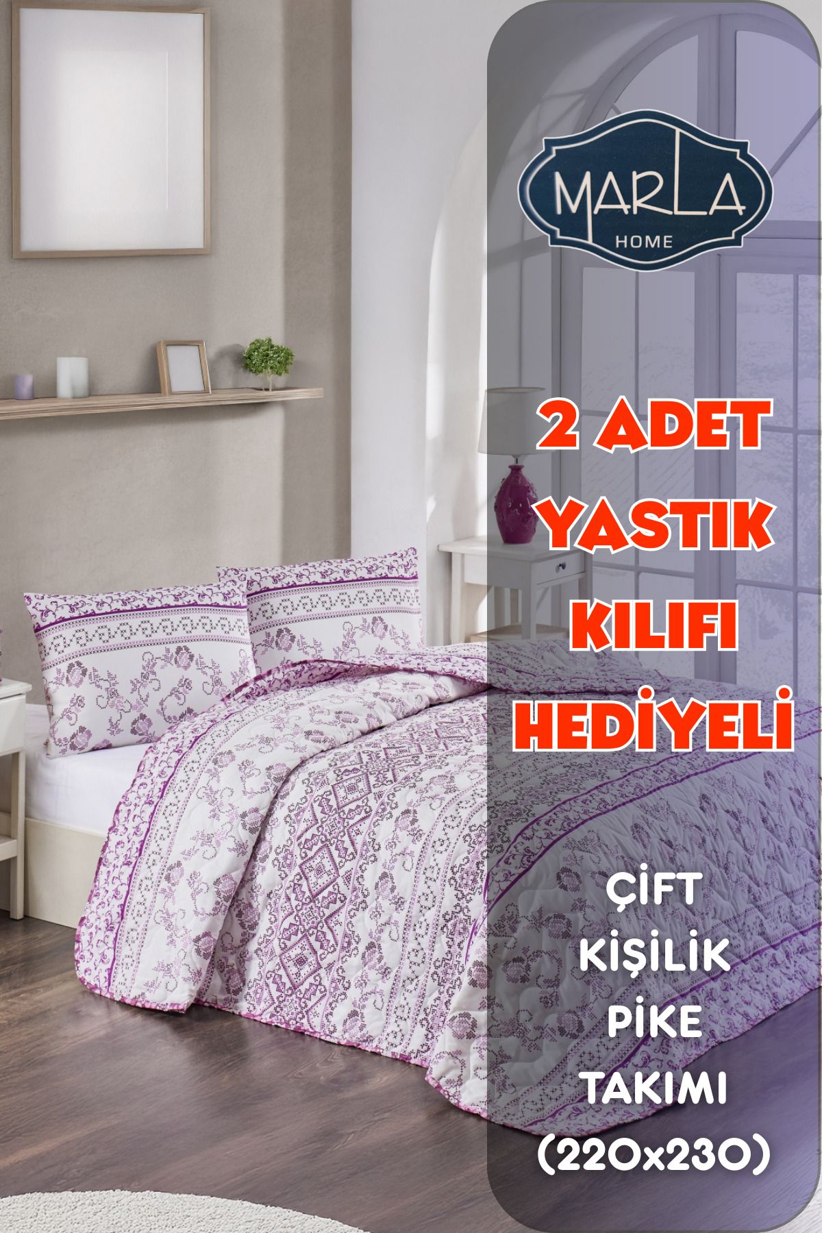 MARLA HOME Çift Kişilik Pike Yatak Örtüsü Takımı|220x230 Cm|2 Adet Yastık Kılıflı |çok Amaçlı Battaniye|pamuklu