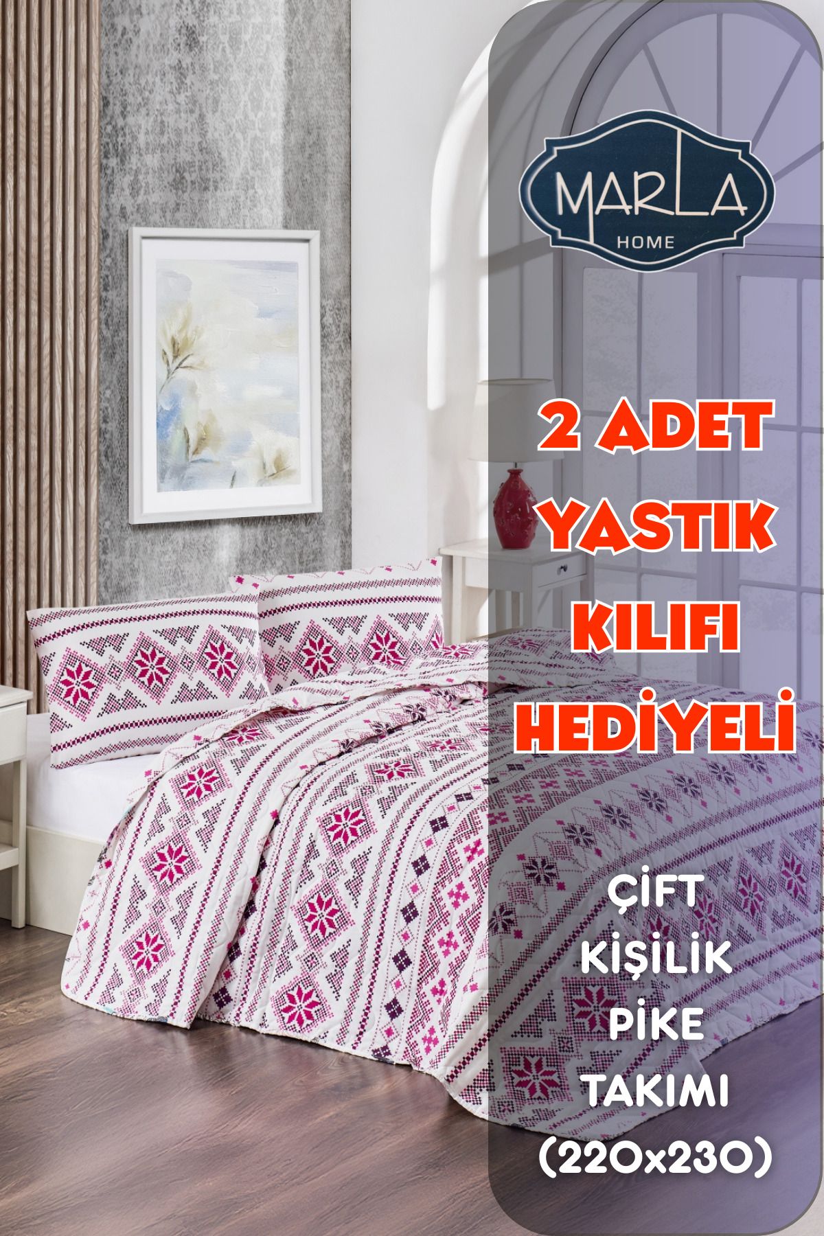 MARLA HOME Çift Kişilik Pike Yatak Örtüsü Takımı|220x230 Cm|2 Adet Yastık Kılıflı |çok Amaçlı Battaniye|pamuklu