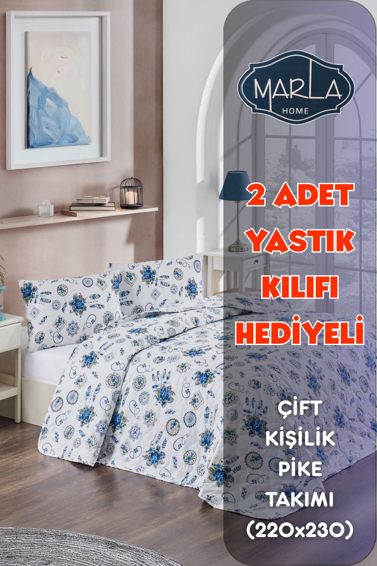 MARLA HOME Çift Kişilik Pike Yatak Örtüsü Takımı|220x230 Cm|2 Adet Yastık Kılıflı |çok Amaçlı Battaniye|pamuklu