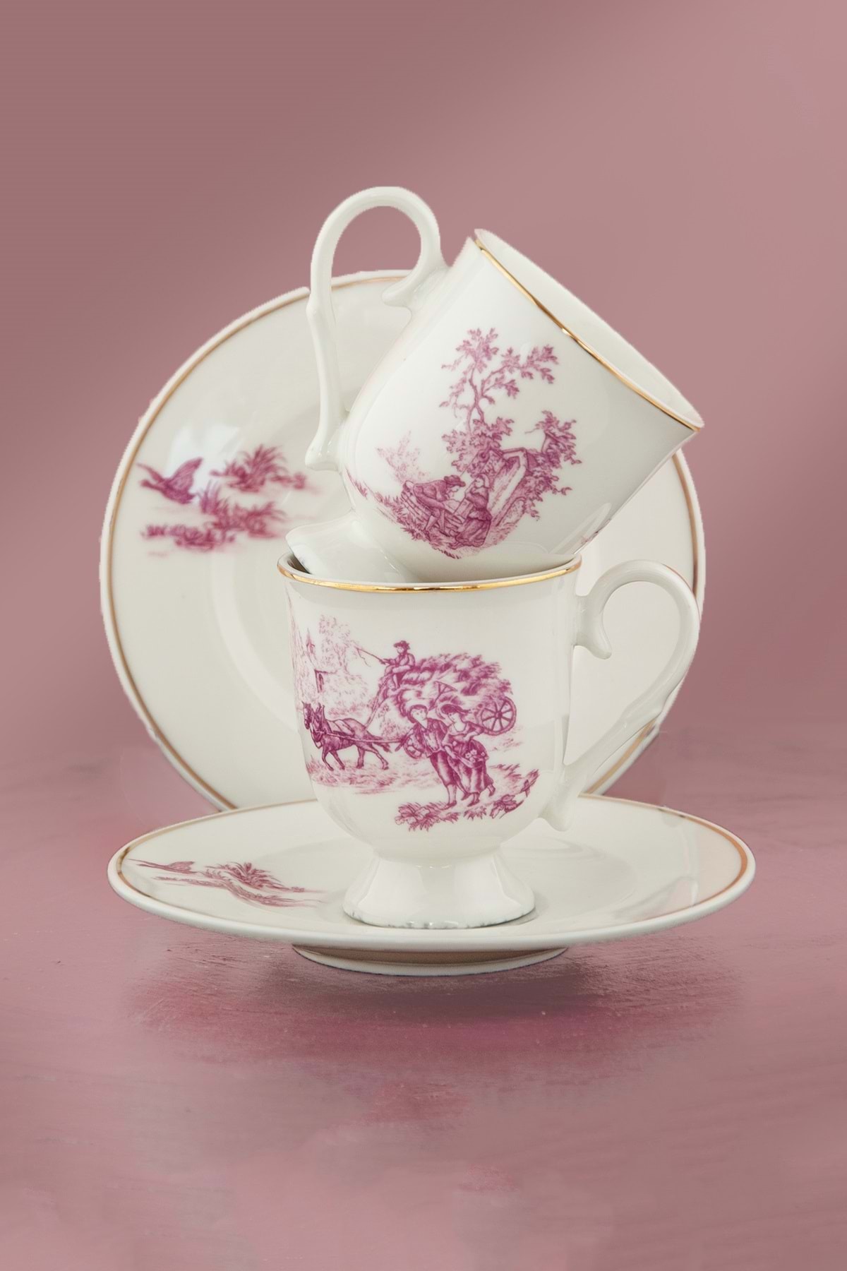 Bursa Porselen Dekor Antik red altın yaldızlı 2 kişilik kahve fincan ...