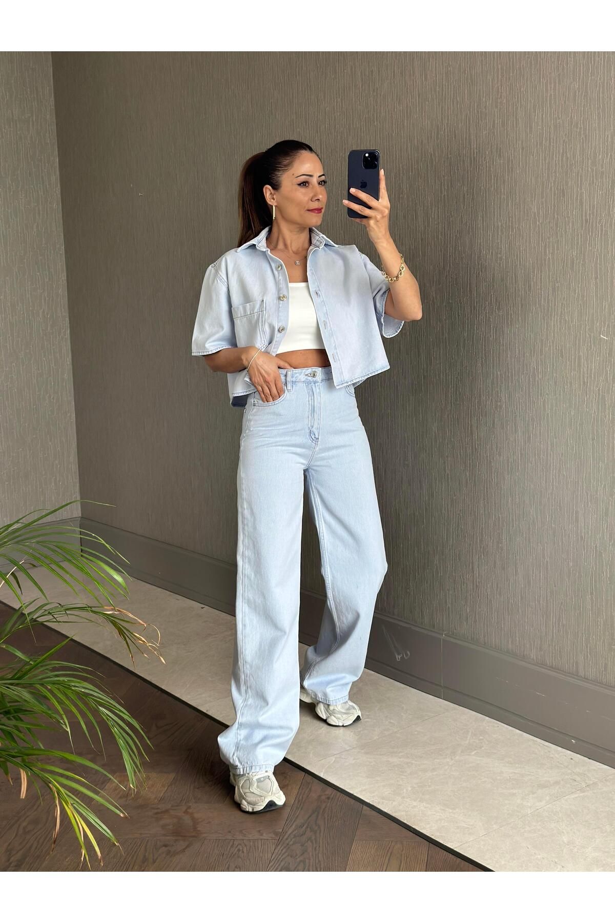 Forlady Butik Buz Mavi Lacarino Wide Leg Paçası Dikişli Kadın Jean Pantolon