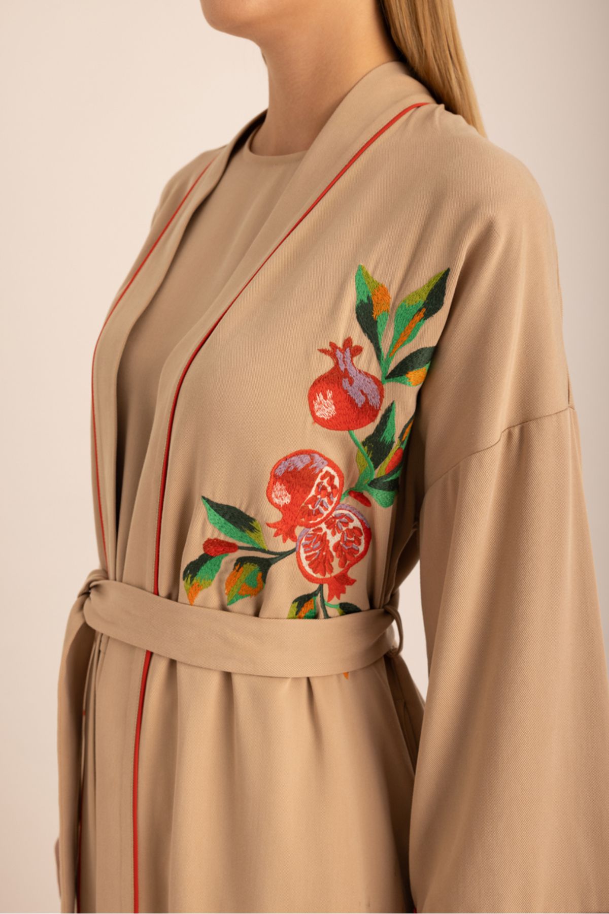 Aker-Belted Kimono with Contrast Piping and Embroidery Detail 3
