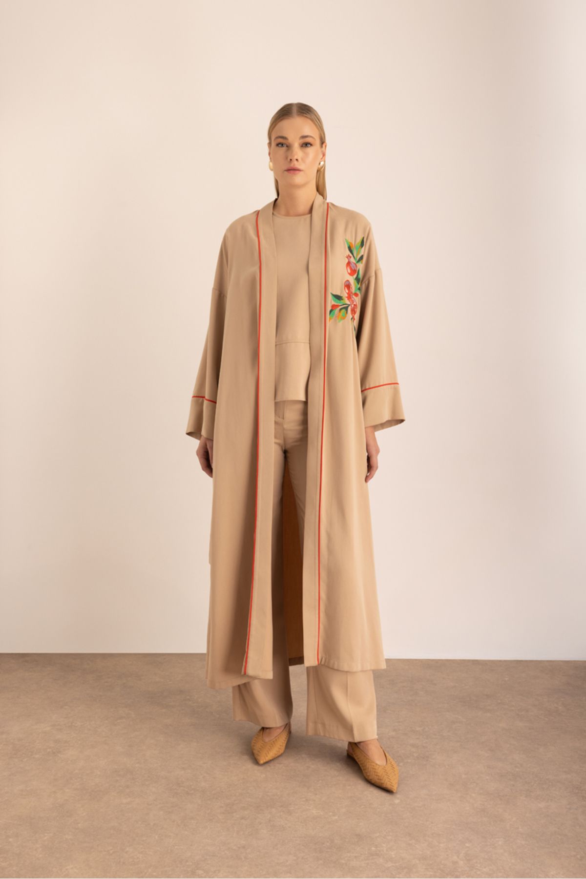 Aker-Belted Kimono with Contrast Piping and Embroidery Detail 2