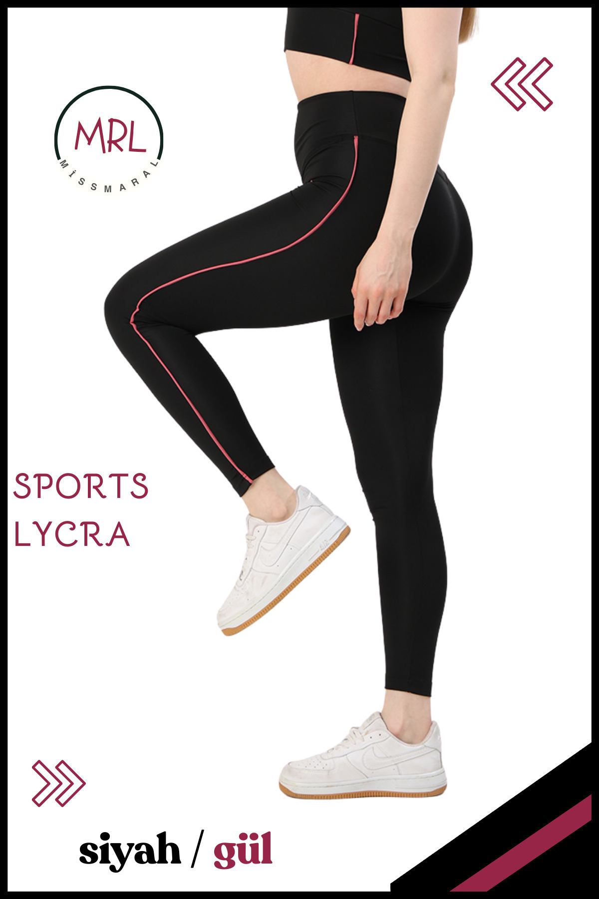 missmaral Kadın Yüksek Bel Toparlayıcı Spor Tayt Siyah / Gül Kurusu Şerit Detaylı Lycralı Dalgıç 1041 görsel 5