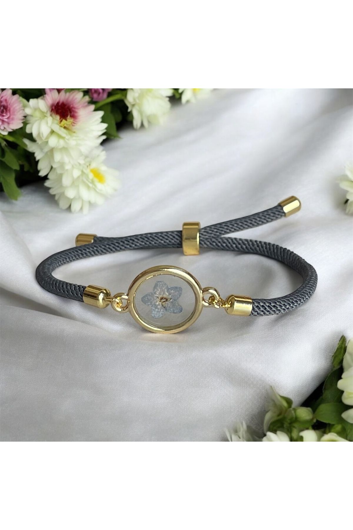 maycollection-Gold Frame True Forget Me Not Flower Adjustable Gray Cord Rope Design Bracelet 2