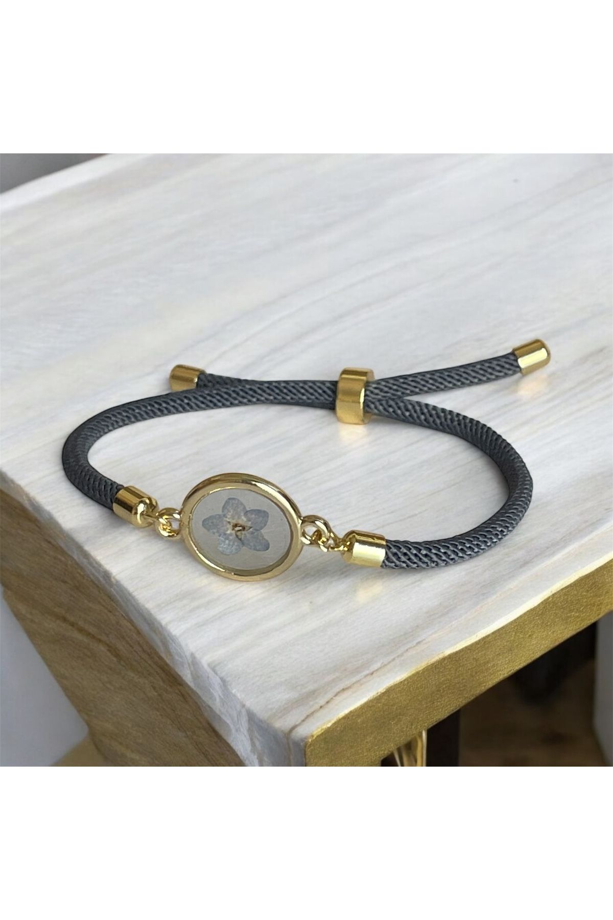 maycollection-Gold Frame True Forget Me Not Flower Adjustable Gray Cord Rope Design Bracelet 3