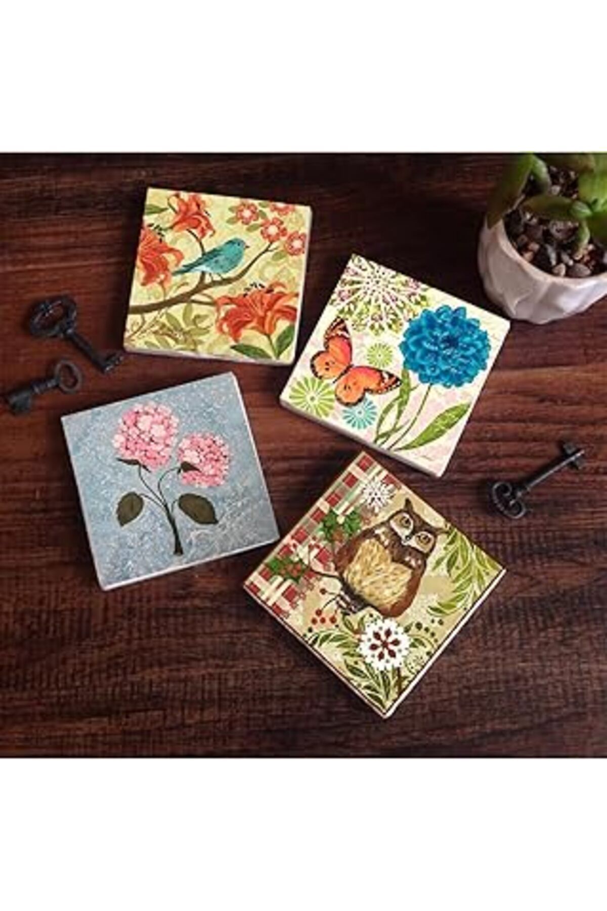 Hepta Collection Pinecone Kelebek, Serçe, Pembe Ortanca Çiçeği, Baykuş Taş Bardak Altlığı Seti - 4 Parça - Dekoratif