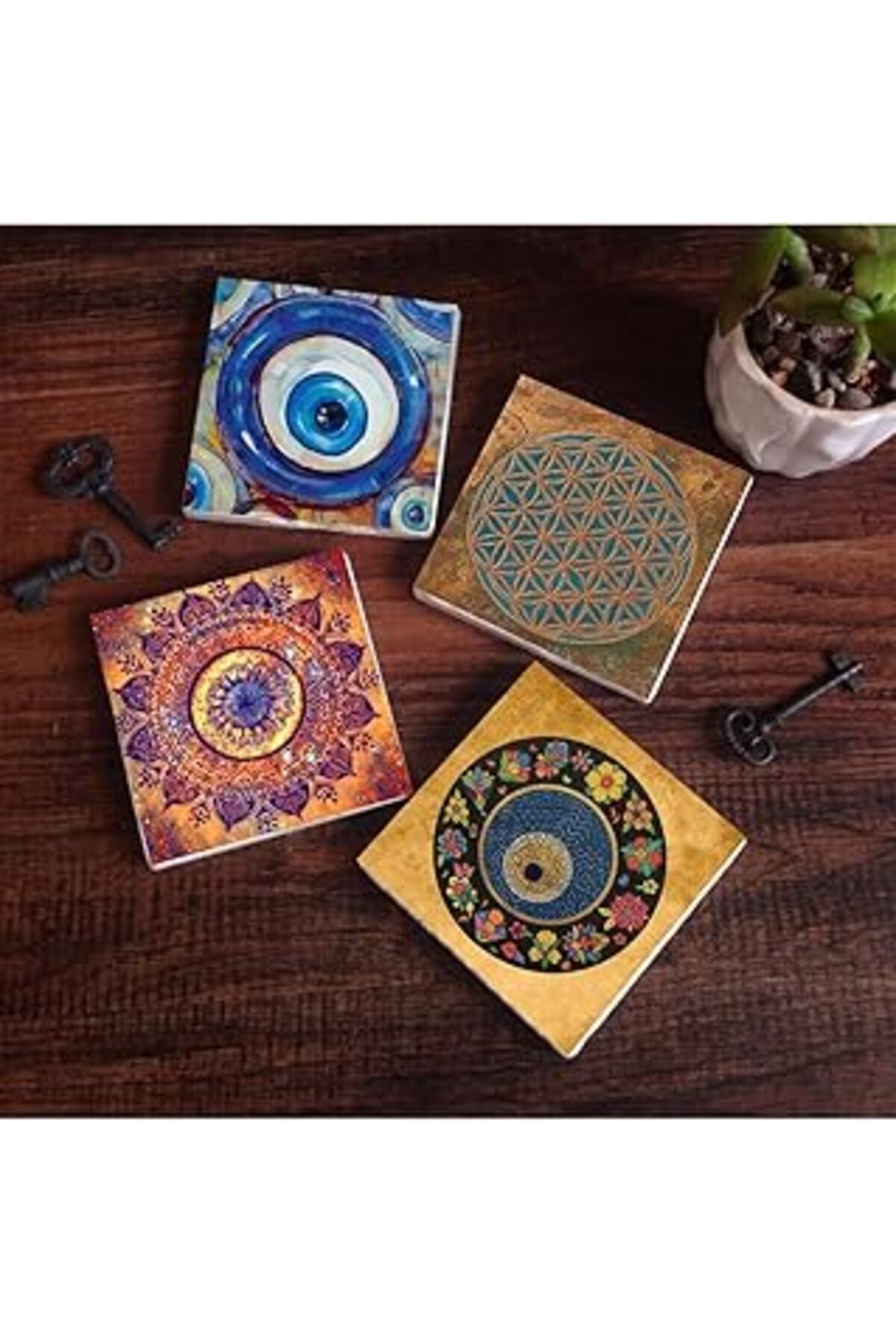 Mu Art Ahşap Pinecone Nazar, Yaşam Çiçeği, Mandala Taş Bardak Altlığı Seti - 4 Parça - Dekoratif, Rustik Mutfak