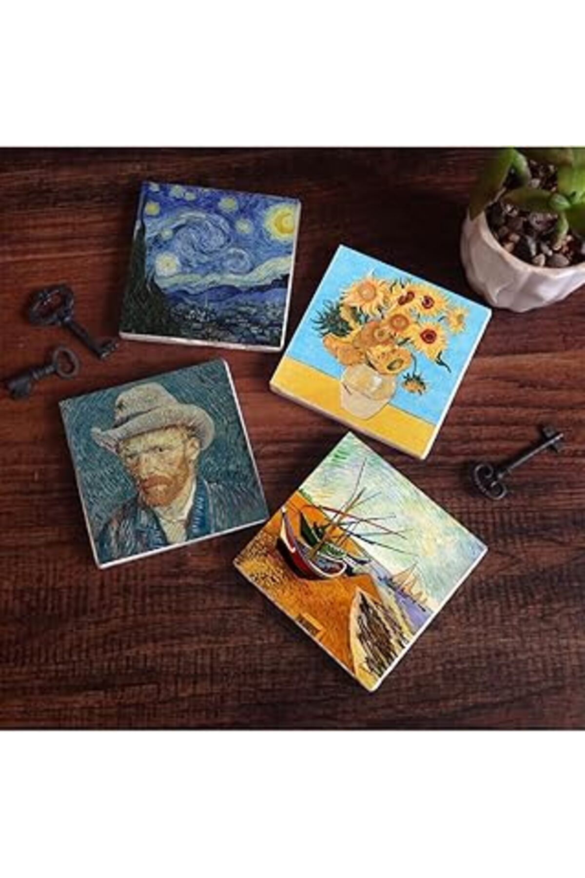 Mu Art Pinecone Van Gogh Balıkçı Tekneleri, On İki Ayçiçekli Vazo, Yıldızlı Gece, Otoportre Taş Bardak Alt
