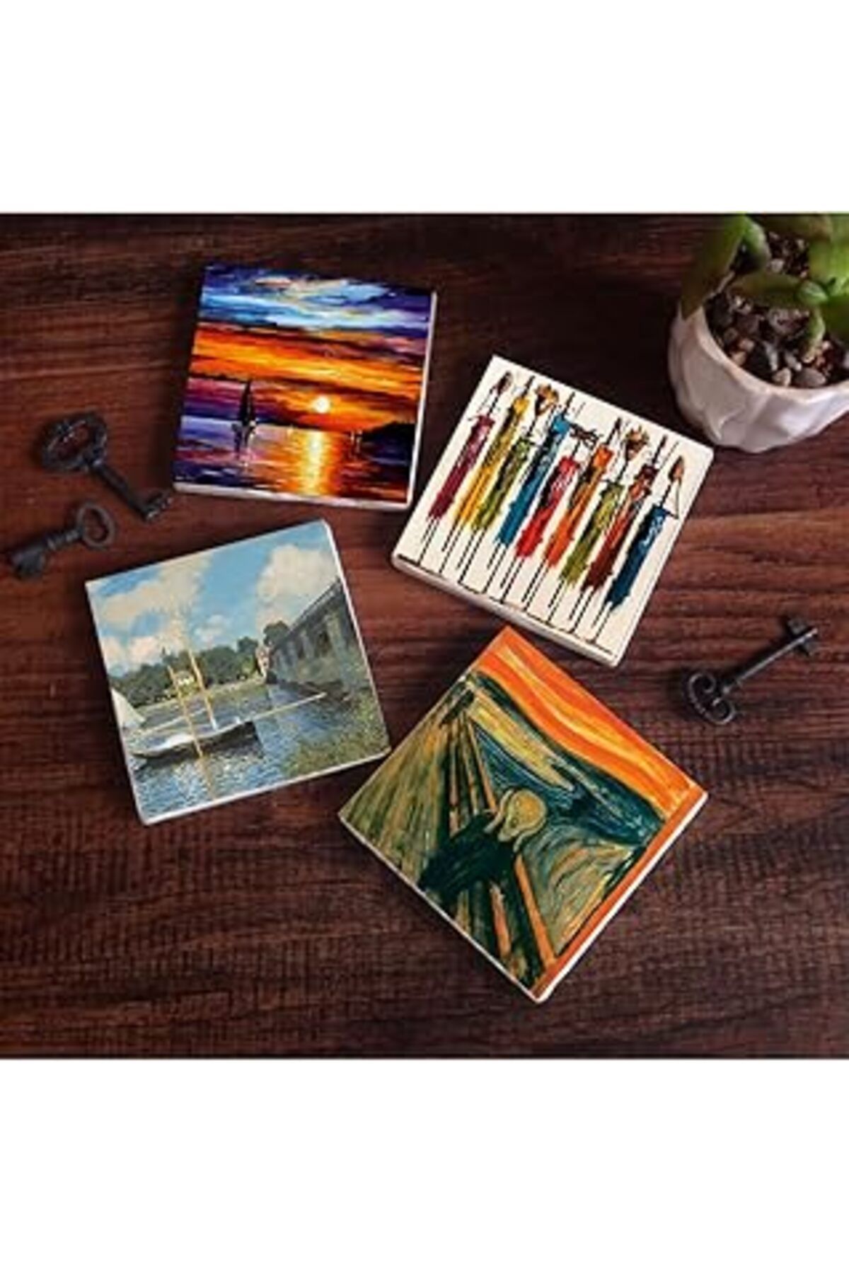 Mu Art Ahşap Pinecone Claude Monet Argenteuil'De Köprü, Çığlık, Yerli Kadınlar, Deniz Manzarası Taş Bardak Altlı