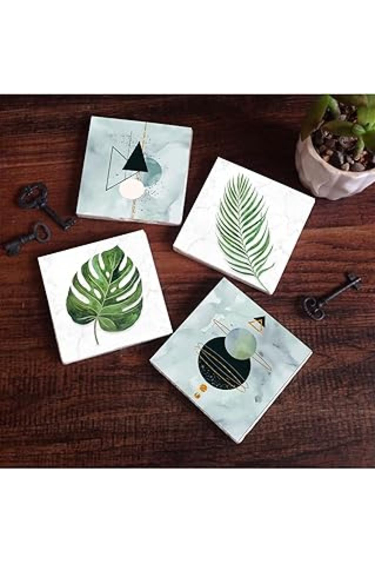 Mu Art Pinecone Minimalist Soyut, Yaprak Taş Bardak Altlığı Seti - 4 Parça - Dekoratif, Rustik Mutfak Akse