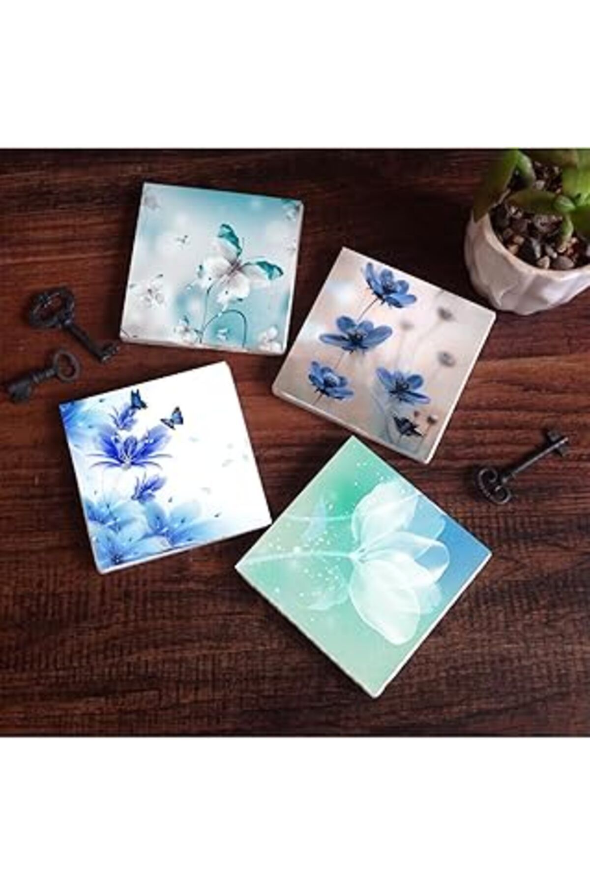 Mu Art Ahşap Pinecone Kelebeğin Rüyası Taş Bardak Altlığı Seti - 4 Parça - Dekoratif, Rustik Mutfak Aksesuarı, 1