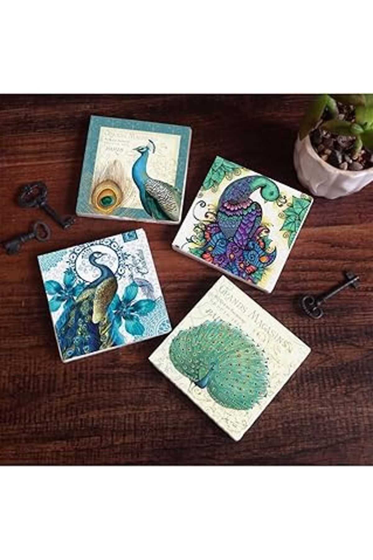 Mu Art Pinecone Tavus Kuşu Taş Bardak Altlığı Seti - 4 Parça - Dekoratif, Rustik Mutfak Aksesuarı, 10X10 C