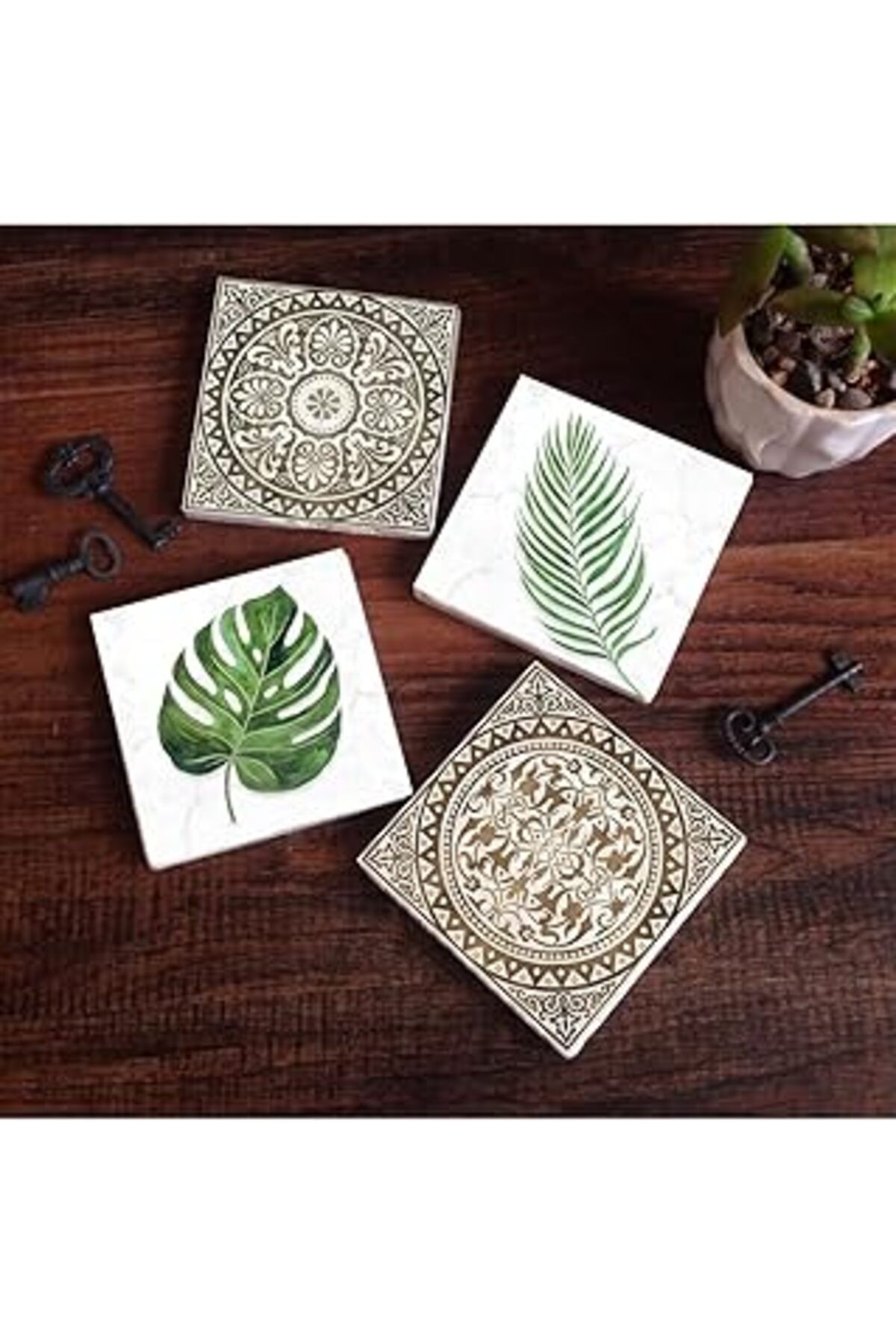 Mu Art Ahşap Pinecone Etnik Desen, Yaprak Taş Bardak Altlığı Seti - 4 Parça - Dekoratif, Rustik Mutfak Aksesuarı