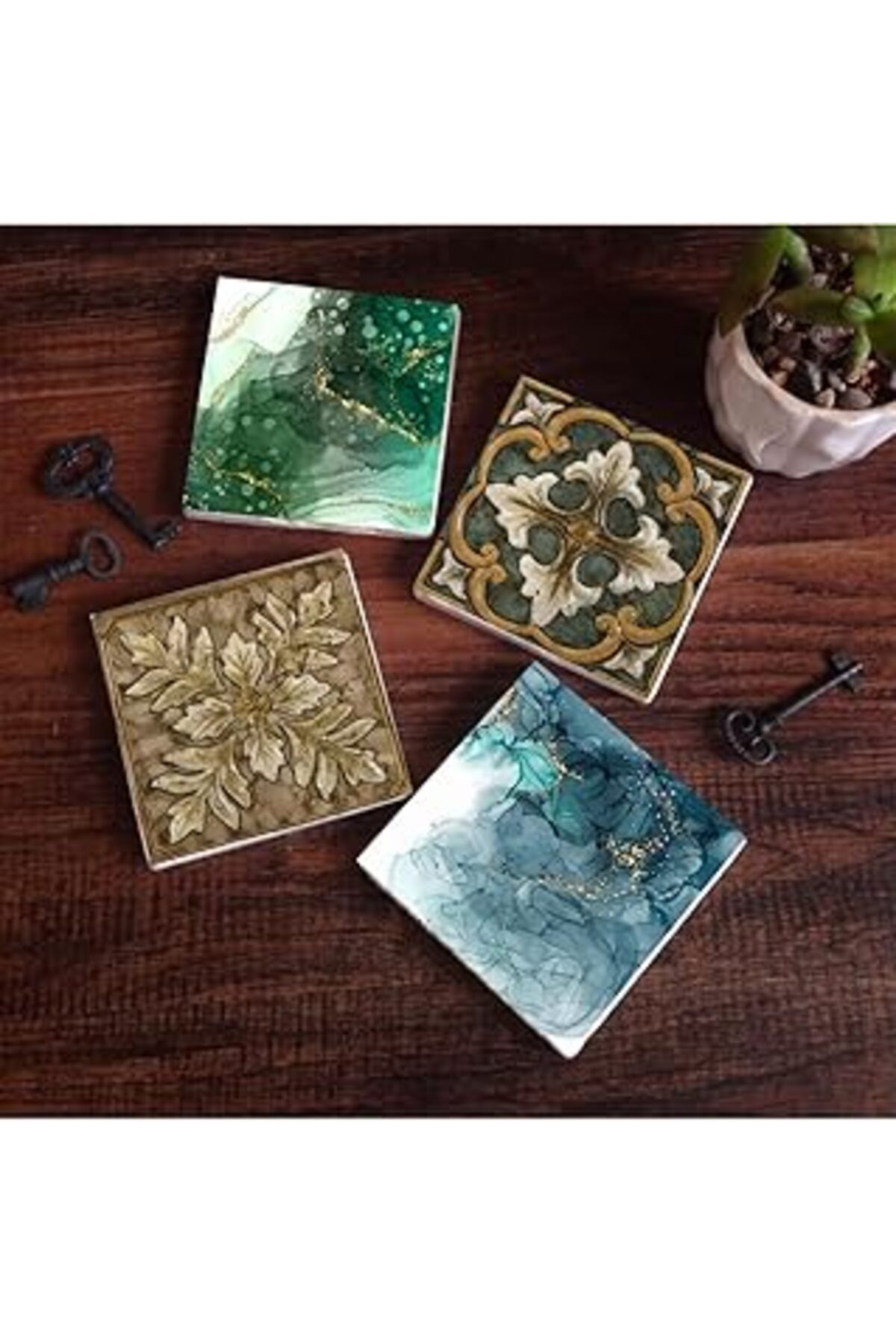 Mu Art Pinecone Soyut Sanat, Desen Taş Bardak Altlığı Seti - 4 Parça - Dekoratif, Rustik Mutfak Aksesuarı,