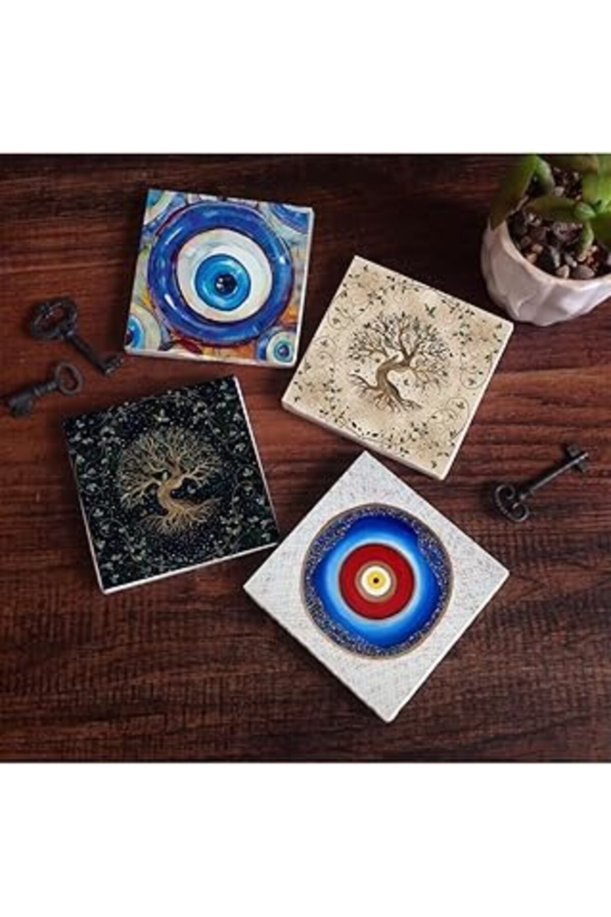 Mu Art Ahşap Pinecone Nazar, Hayat Ağacı Taş Bardak Altlığı Seti - 4 Parça - Dekoratif, Rustik Mutfak Aksesuarı,