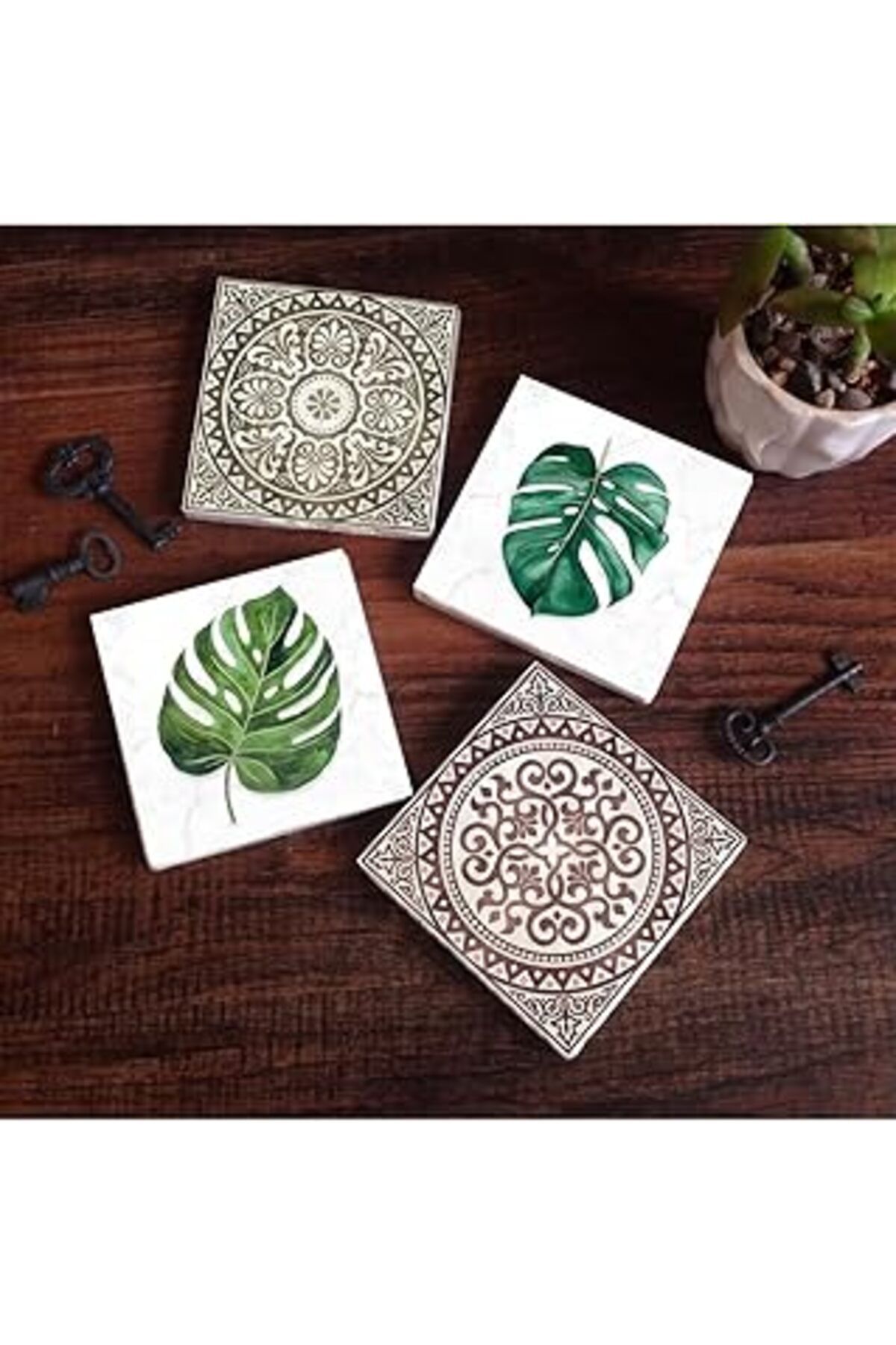 Mu Art Pinecone Etnik Desen, Yaprak Taş Bardak Altlığı Seti - 4 Parça - Dekoratif, Rustik Mutfak Aksesuarı