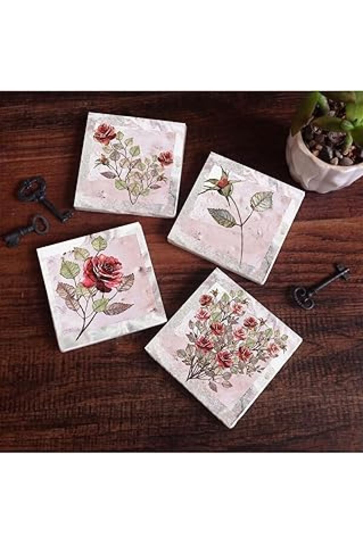 Mu Art Pinecone Gül Çiçek Taş Bardak Altlığı Seti - 4 Parça - Dekoratif, Rustik Mutfak Aksesuarı, 10X10 Cm