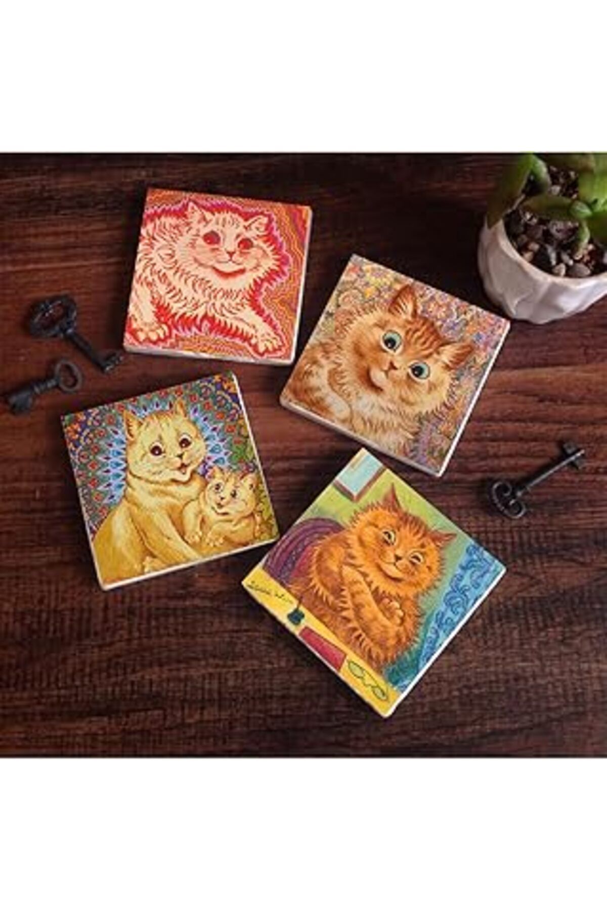 Pazarcan Pinecone Louis Wain Kediler Taş Bardak Altlığı Seti - 4 Parça - Dekoratif, Rustik Mutfak Aksesuarı,