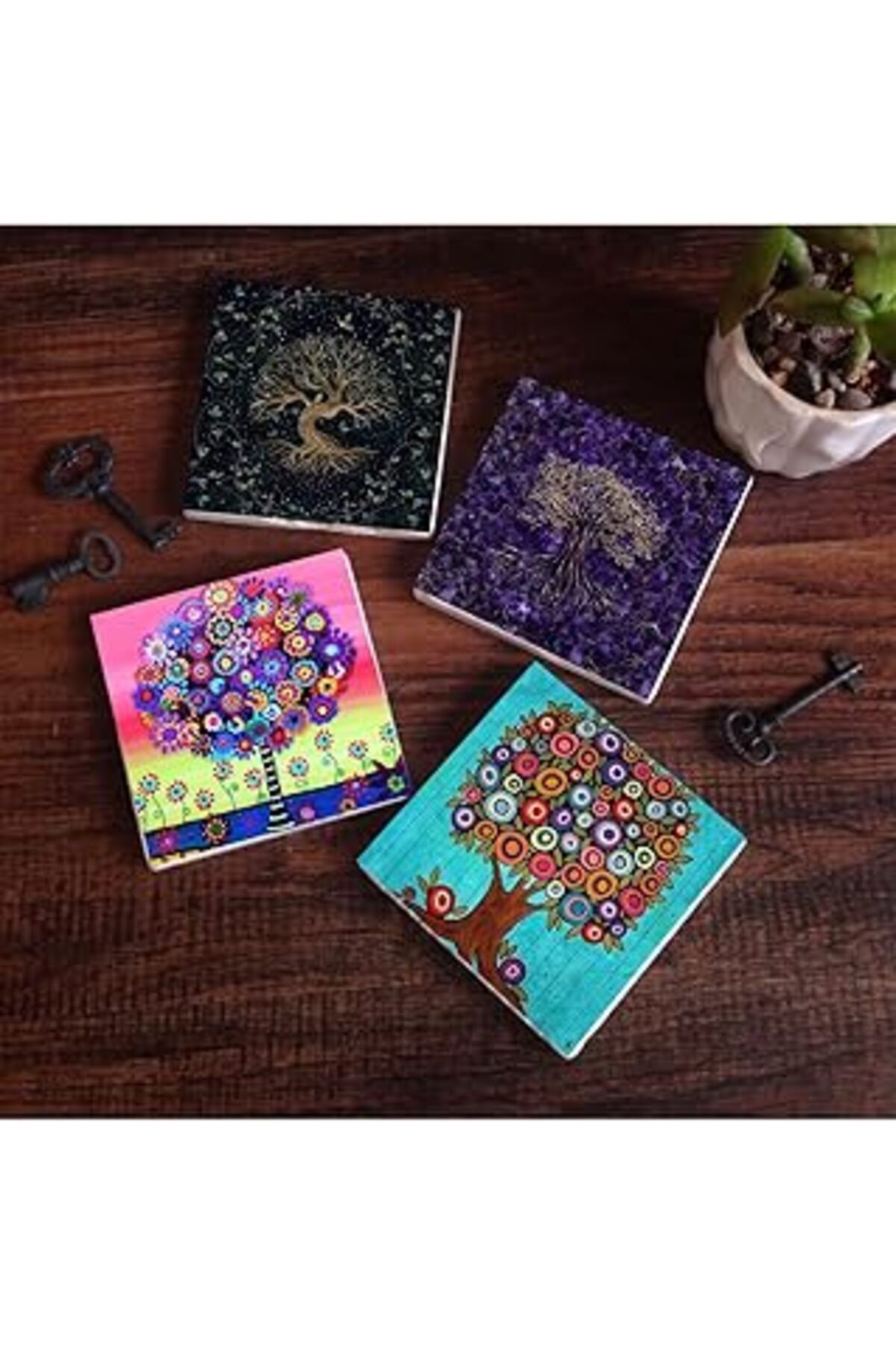 Mu Art Pinecone Hayat Ağacı Taş Bardak Altlığı Seti - 4 Parça - Dekoratif, Rustik Mutfak Aksesuarı, 10X10