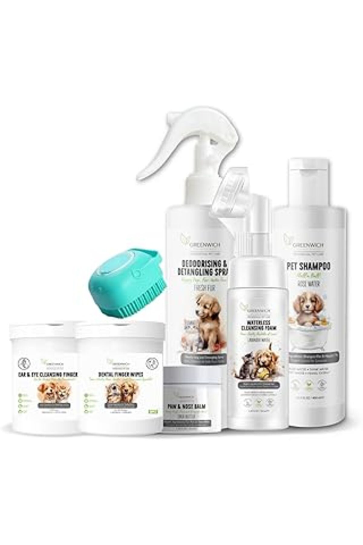Mu Art Ahşap Tepeden Patiye Set, Şampuan Kuru Köpük Pati Burun Balm Göz Kulak Diş Mendil Tüy Kıtık Açıcı Vegan O