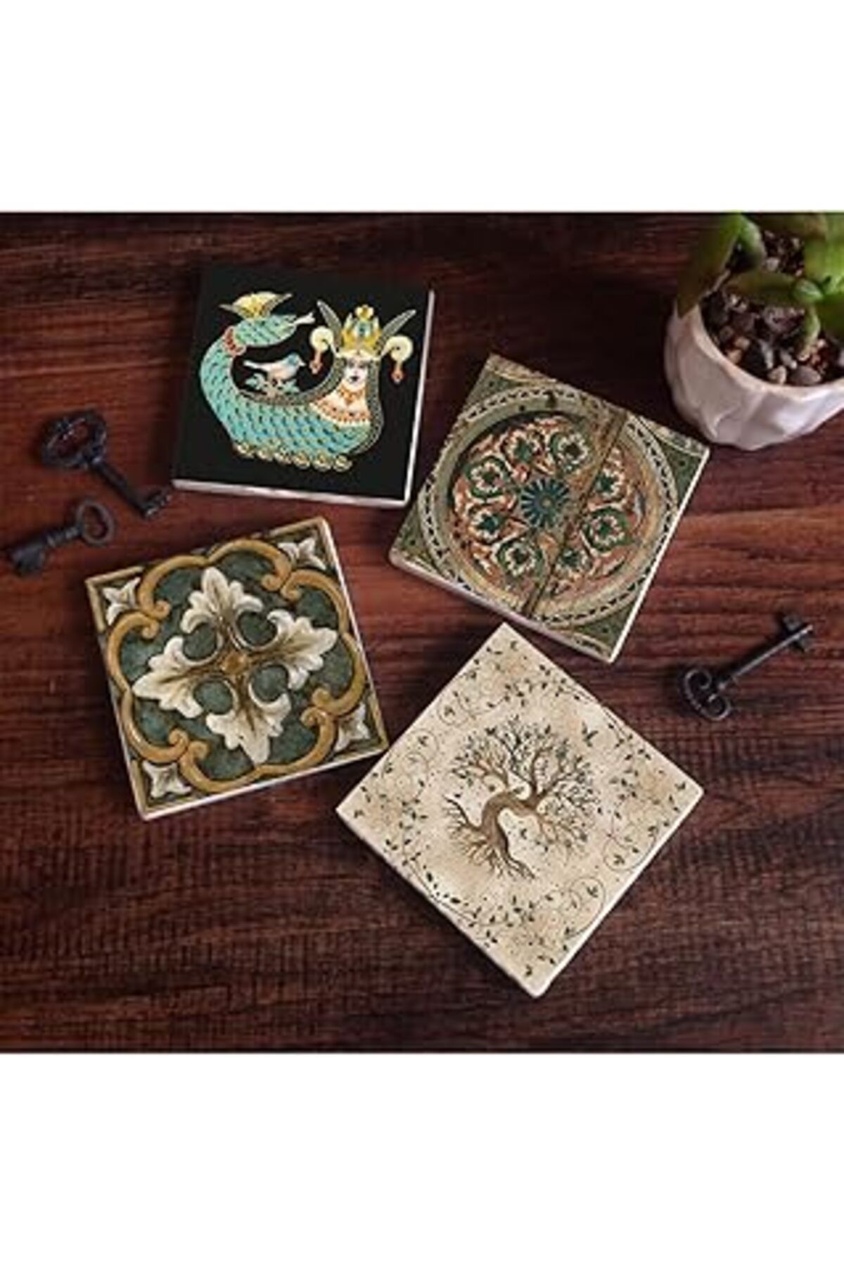 Mu Art Pinecone Vintage, Desen, Şahmeran, Hayat Ağacı Taş Bardak Altlığı Seti - 4 Parça - Dekoratif, Rusti
