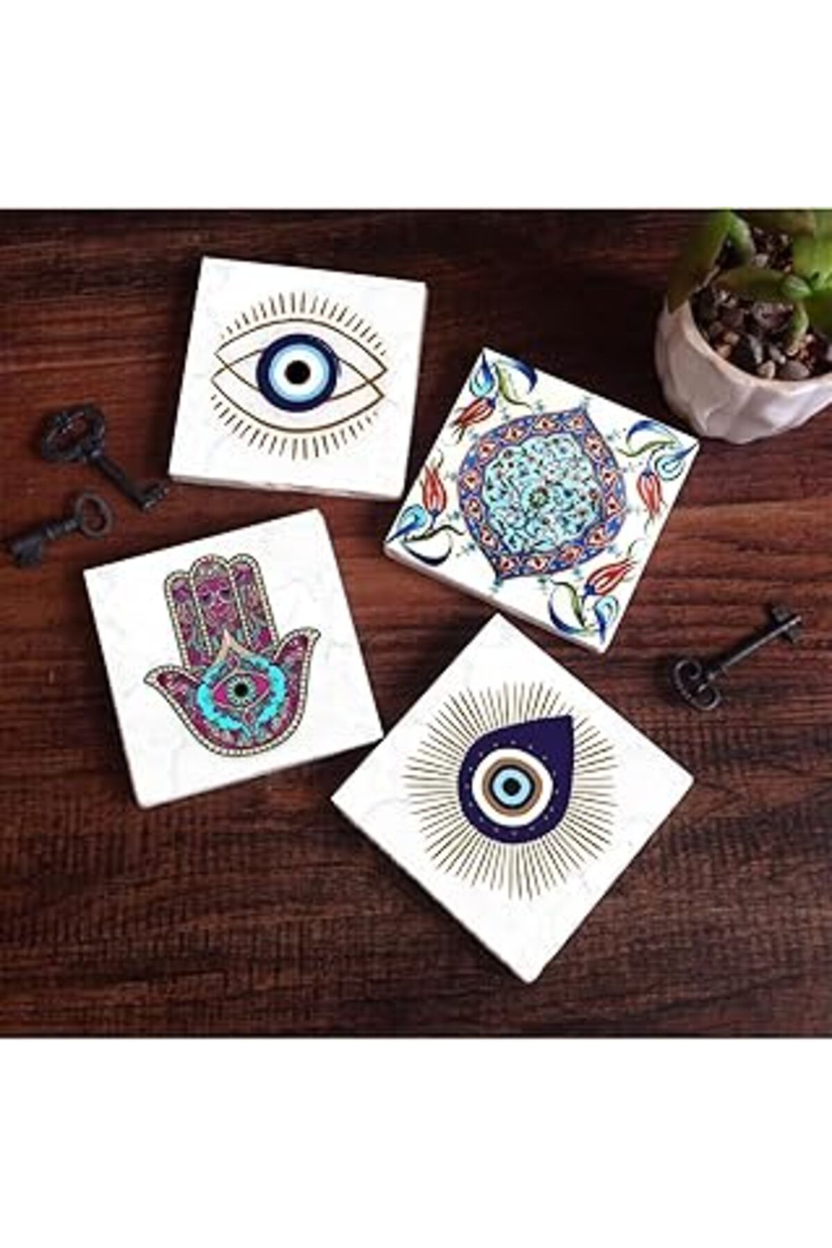 Mu Art Ahşap Pinecone Nazar, Fatma Ana Eli (Hamsa), Çini Sanatı Taş Bardak Altlığı Seti - 4 Parça - Dekoratif, R
