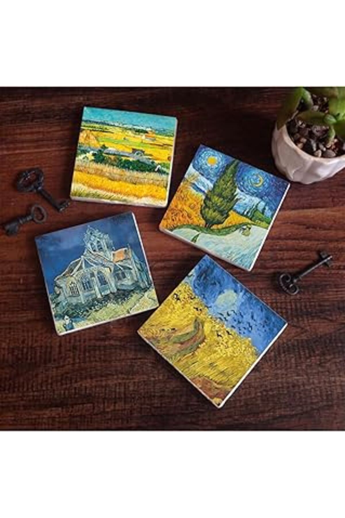 Mu Art Pinecone Van Gogh Hasat Manzarası, Yıldızlı Yol, Buğday Tarlası Ve Kargalar, Kilise Taş Bardak Altl
