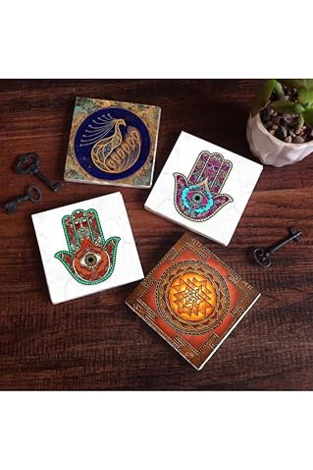 Mu Art Pinecone Tavus Kuşu, Sri Yantra, Fatma Ana Eli (Hamsa) Taş Bardak Altlığı Seti - 4 Parça - Dekorati