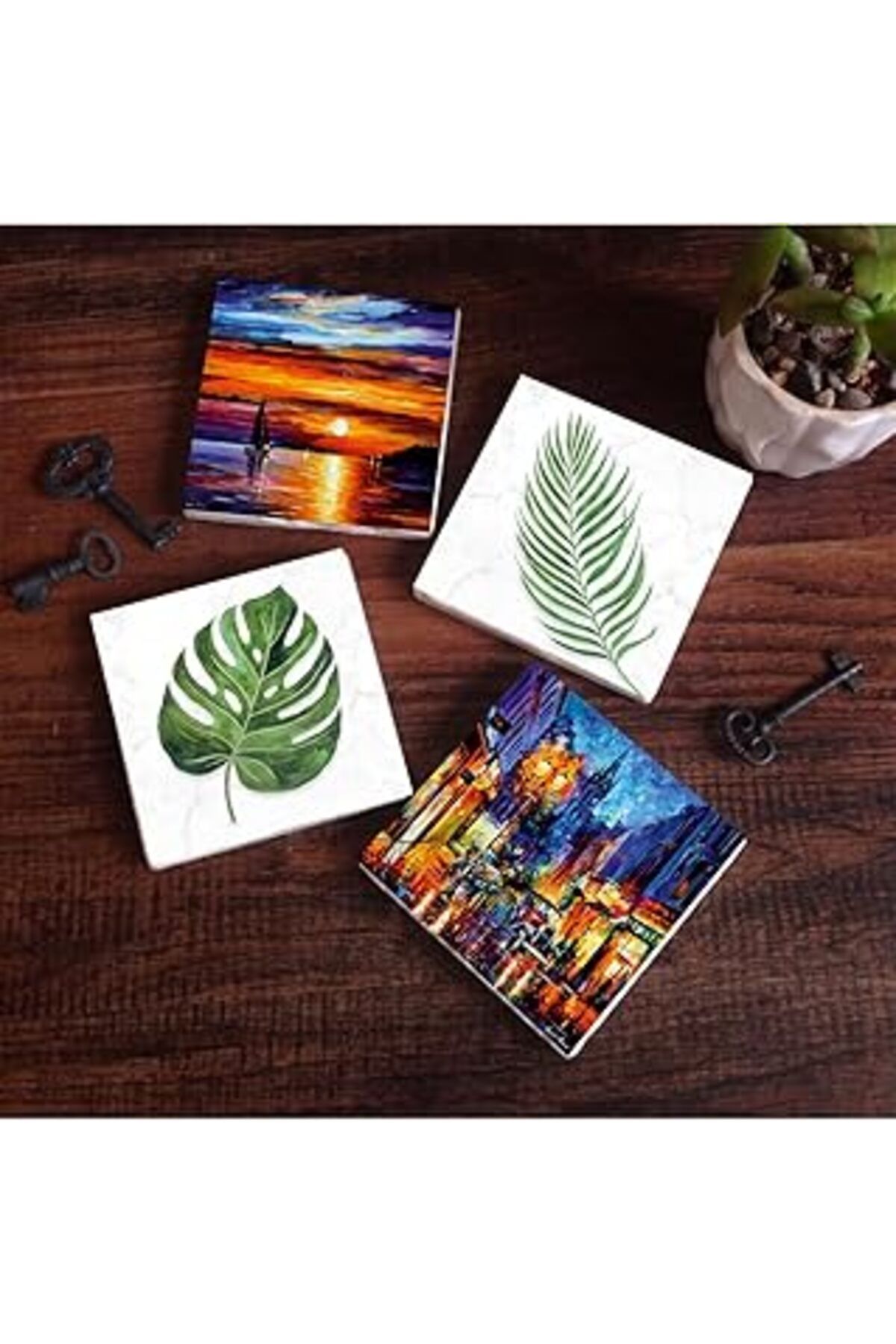 Mu Art Pinecone Yaprak, Deniz Manzarası, Sokak Manzarası Taş Bardak Altlığı Seti - 4 Parça - Dekoratif, Ru