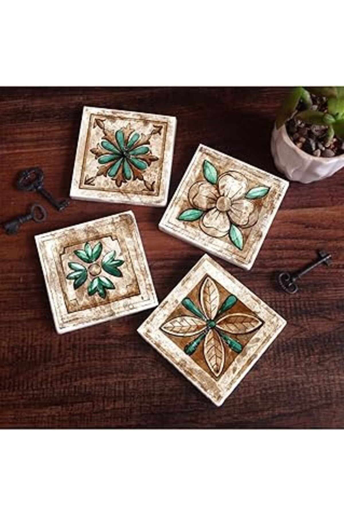 Hepta Collection Pinecone Fas Desenli Vintage Taş Bardak Altlığı Seti - 4 Parça - Dekoratif, Rustik Mutfak Aksesuarı
